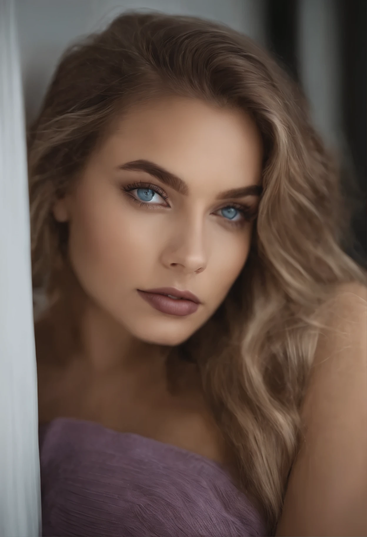 Arafed woman completely , fille sexy aux yeux bleus, ultra realist, Meticulously detailed, Portrait Sophie Mudd, cheveux blonds et grands yeux, selfie of a young woman, Yeux de chambre, Violet Myers, sans maquillage, maquillage naturel, looking straight at camera, Visage avec Artgram, Maquillage subtil, Great photo of the whole body kneeling on a couch, dans le salon, Medium to large bust , nude, sexy, large lips, sexy body nude