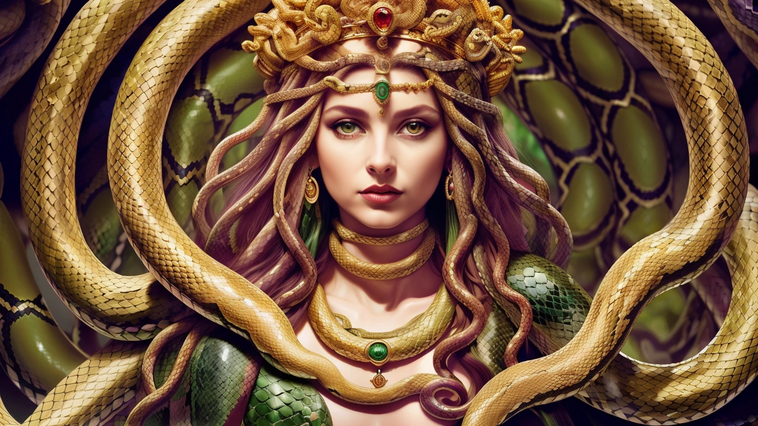 ((best quality)), ((masterpiece)), (detailed), (realistic), powerful Medusa queen, serpent-like hair, (mythological:1.2), (goddess-like:1.1), (snakes hissing:1.1), (intense gaze:1.1), (regal attire:1.2), (stone statues in the background:1.1), (dark and mysterious atmosphere:1.1), (8k resolution:1.2)