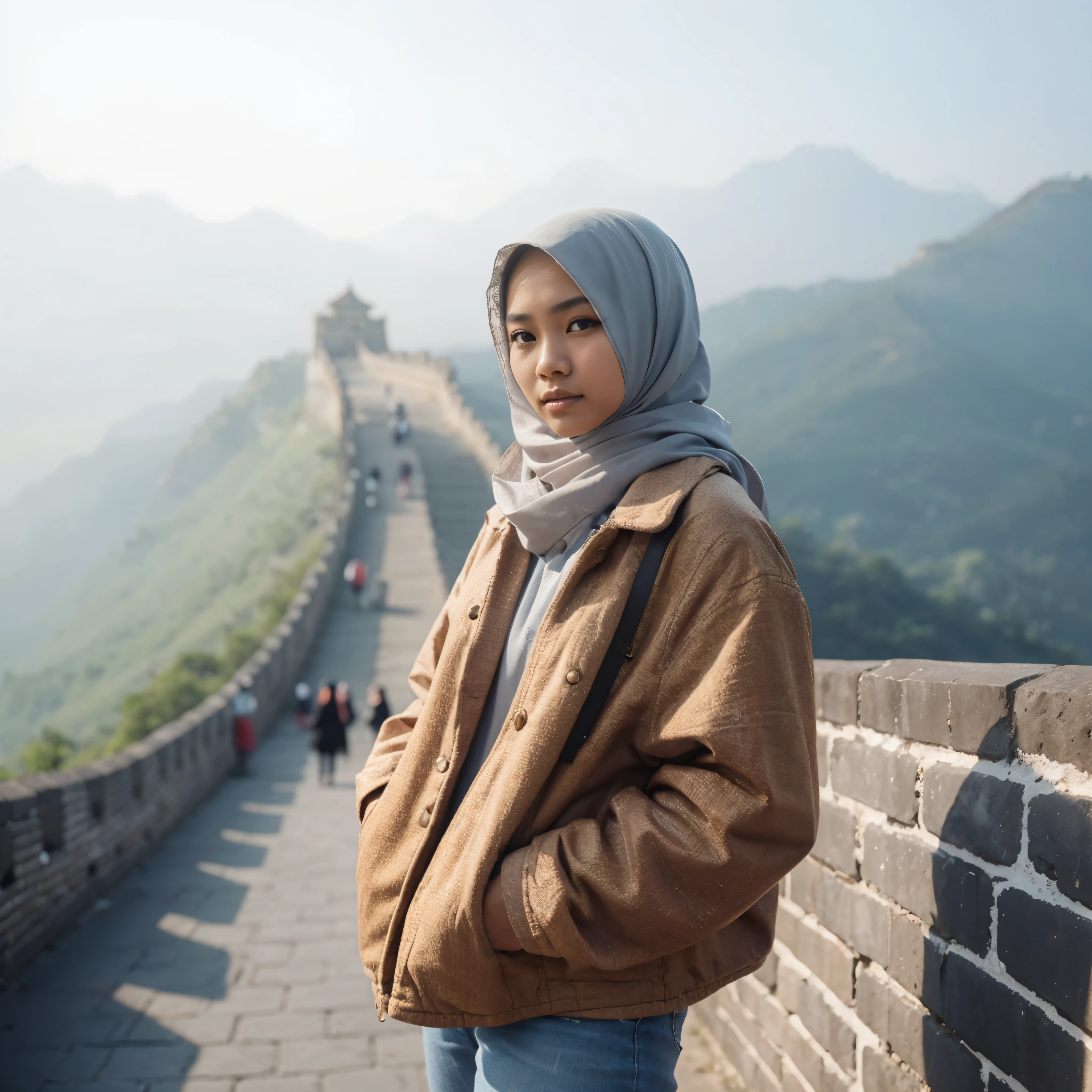 Indonesian Javanese woman (25 years old, oval and clean face, hijab, thin body, Indonesian-style skin, wearing a thick winter jacket, jeans) standing posing like a model on the Great Wall of China, photo slightly tilted to the side, visible face, atmosphere night, minimal lighting, sunset light. ultra HD, real photo, very detailed, very sharp, 18mm lens, realistic, photography, leica camera