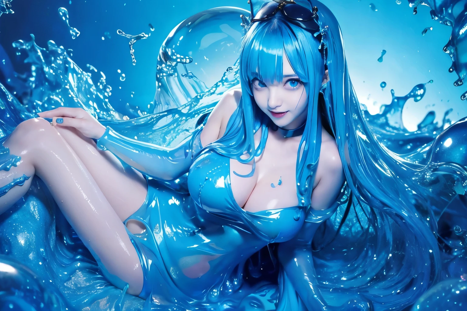 (masterpiece,best quality:1.4),(8k,raw photo,photo realistic:1.2),shiny skin,detailed skin,detailed face,detailed eyes, 1girl,looking at viewer,Japanese idol,extremely beautiful face, (smile), LiquidHair, liquid hair, blue mucus floating around, slime girl, covered in blue slime, (partially transparent), (Wet with water), (blue sweat), Slimy blue liquid dripping from her body. Her hair is also covered in blue slime. blue slime scatters, Blue hair, blue eyes