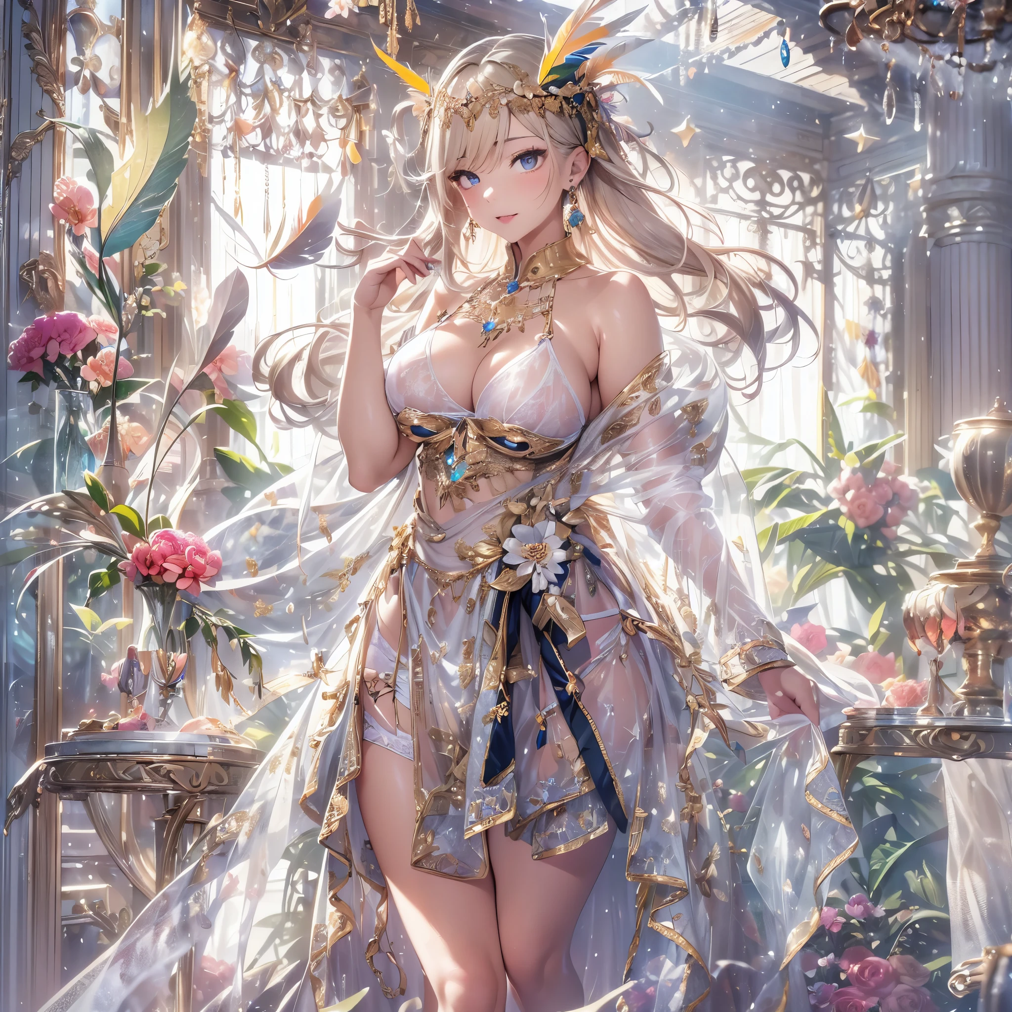 過去最高のmasterpiece、beautiful美しさ, 3D two-dimensional, rich, blonde, skirt, stockings, high heels, star、(Highly detailed CG Unity 8K wallpaper),(masterpiece), (最高quality), (超be familiar with), (best work),(best shadow), (sharp eyeliner, eye shadow, fine eye:1.1), (超High resolution,realistic,最高quality,realistic),(8K,RAW photo,最高quality,star),mature woman、sensual curves、huge breasts、thighs、bubble、お尻のmasterpiece, 最高quality, 超be familiar with, full body shot, mature woman, beautiful mature woman, nightgown and underwear, enchanting smile, thick lips, Chubby lips, blush, looking at the viewer, provocative expression, beautifulhair型, cleavage, Plump、curvy hips、attractive face、sexy lingerie、an inviting gaze、Expression of emotions、Lewd underwear、(((erotic see-through lingerie set)))、Standing position、gorgeous accessories 、big breastsの女性, bare shoulders, 金色のhair, colored feather, metal ornaments, colored flowers, particle, light, (masterpiece, 最高quality, 最高quality, official art, beautiful and aesthetic:1.2), (1 girl:1.5), 非常にbe familiar with,(fractal art:1.1),(colorful:1.1)、(flowers:1.3),most detailed,(zentangle:1.2), (dynamic pose), (abstract background:1.3), (shiny skin), (lots of colors :1.4), ,(earrings:1.4), (feather:1.4),masterpiece, 最高quality, 超be familiar with, 30~40 years, full body shot, beautiful 、さまざまなhair型，gold headband，plump breasts，beautiful，greek clothing，Tulle covers the breasts，perfectly proportioned, detailed clothing details,marble，god statue，cinematic lighting, film grain, 8K, masterpiece, 超be familiar with, high detail, 高quality, High resolution,(((NSFW:1.2)))、exposed chest、Openwork decoration，(((see through dress)))、(((解剖学的に正しいbody))) , 最高quality, 超be familiar with, (((Lewd underwear)))、raise your butt, from below, (((R-18)))、thighs, big breasts, Are standing, cowboy shot, blush, (((1 girl))), (masterpiece:1.3), (High resolution), (8K), (非常にbe familiar with), perfect face, Nice eye and face, (((最高quality))), (超be familiar with), detailed face and eye, (alone), beautifuleye,(((sexy pose)))、(((整ったbig breasts)))、((beautiful eye))、luxury、(((超High resolution)))、(((detailed description)))、(((ぽっちゃりbody型)))、(((解剖学的構造に一致したbodyの部位)))、beautiful長いまつ毛、バランスのとれたbody型,2 feet、Just the right size for your legs and arms、Fishnet tights、glamorous、(((Clear white and black eye)))、lipstick、Sparkling、(Undistorted face, eye, body)、jewelry、gem、(長くカールしたbeautifulまつ毛)、(((バランス良いbeautiful胸)))、(transparent, Exquisite skin:1.2)、(((完璧なglamorousボディー)))、actress face、Super beautiful、Cute smile、Healing beauty、Flower shower、完璧なeye、realistic depiction、Super sexy、glossy、Glamorous、double eyelids、Good dark makeup、makeup、ぼやけていないeye , expensive_quality, expensive_solve, masterpiece*I wore, whitespace, colorful, 1 girl, alone, white_hair, prism hair, [pink|green] eye, gradient eye, multicolored eye, shine eye, shine, Sparkling, shine white particles, Alone、one shot、adorable、Plump、Glossy and exquisite skin、はっきりしたeye鼻立ち、realistic eyes、whiteい肌, real human skin, (be familiar with), oval face, pore, (8K, Raw photo, realistic: 1.4), one girl, (Gentle and Goddess-like Eyes) happiness: 1.2), (lip gloss, eyelash, gross face, 最高quality, 超High resolution, wide lighting, natural shading)、ぼやけていないeye、(((Plump face)))、cute face 、(((つやつやのshine肌)))、eyeの補正