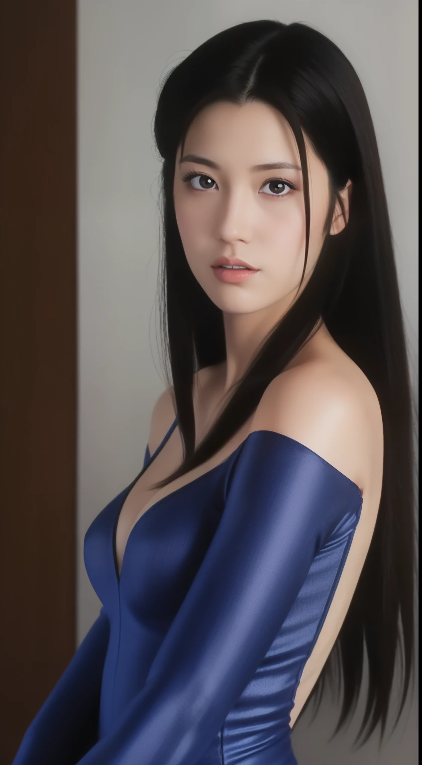 best quality,ultra-detailed,realistic,portrait,HitomiKisugi,1girl,long black hair,beautiful detailed eyes,beautiful detailed lips,eyelashes,brown eyes,blue bodysuit,off shoulder, vivid colors,HDR,studio lighting,sharp focus