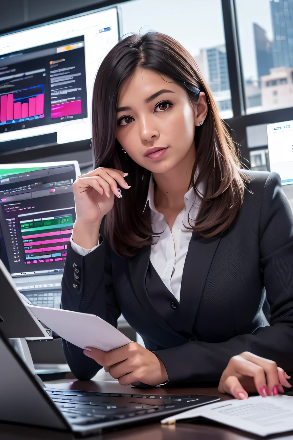 (La mejor calidad,4k,Altas Resoluciones,ultra detallado),(realista:1.37),(vivid colors,Bokeh),Retrato de una hermosa mujer corredora de bolsa, Comerciar en una ciudad bulliciosa,with a technological background, surrounded by multiple monitors displaying financial data, Combination of vibrant and intense colors to create a sense of energy and dynamism, Bright neon accents that highlight key elements, Confident expression on your face as you analyze stock market trends, Lleva un elegante, Professional outfit that oozes success, His eyes reflect determination and intelligence, Una postura concentrada y decidida, The city skyline visible through the window behind it, Capturando el mundo acelerado y competitivo del comercio de acciones, An atmosphere of ambition and innovation that permeates the scene, El suelo de parquet rebosante de actividad, Traders shouting orders and making deals, Tables and graphs projected on the walls, simbolizando la complejidad del mundo financiero, las manos de la mujer ocupadas escribiendo en un teclado, Accurate execution of operations, A sense of urgency and excitement in the air, reflejando el movimiento constante y las fluctuaciones del mercado de valores.