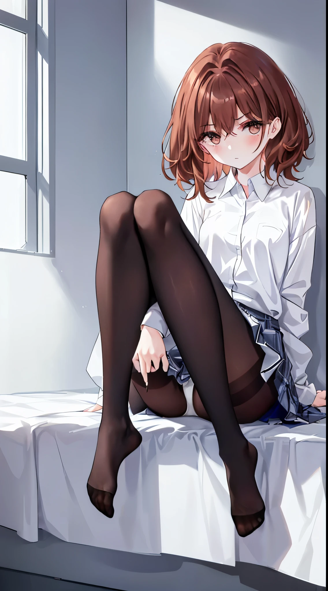 finest, masterpiece, High resolution, (Full body view from head to toe), front, frontやや下からの構図, Symmetrical, 18 year old tall girl, alone, (whole body from head to toe), (small breasts), Unkempt brown hair, bangs, (black tights), (black pantyhose), (sitting with legs spread apart), (squating pose), (composition showing white panties), (Her legs are spread open and her white panties are visible.), (made to sit on the floor with legs spread), (M-shaped legs), Slender legs, A very beautiful and tall 18 year old girl, (not wearing shoes), blush, shy big eyes, looking at camera, Blazer Uniform, Plaid pleated skirt