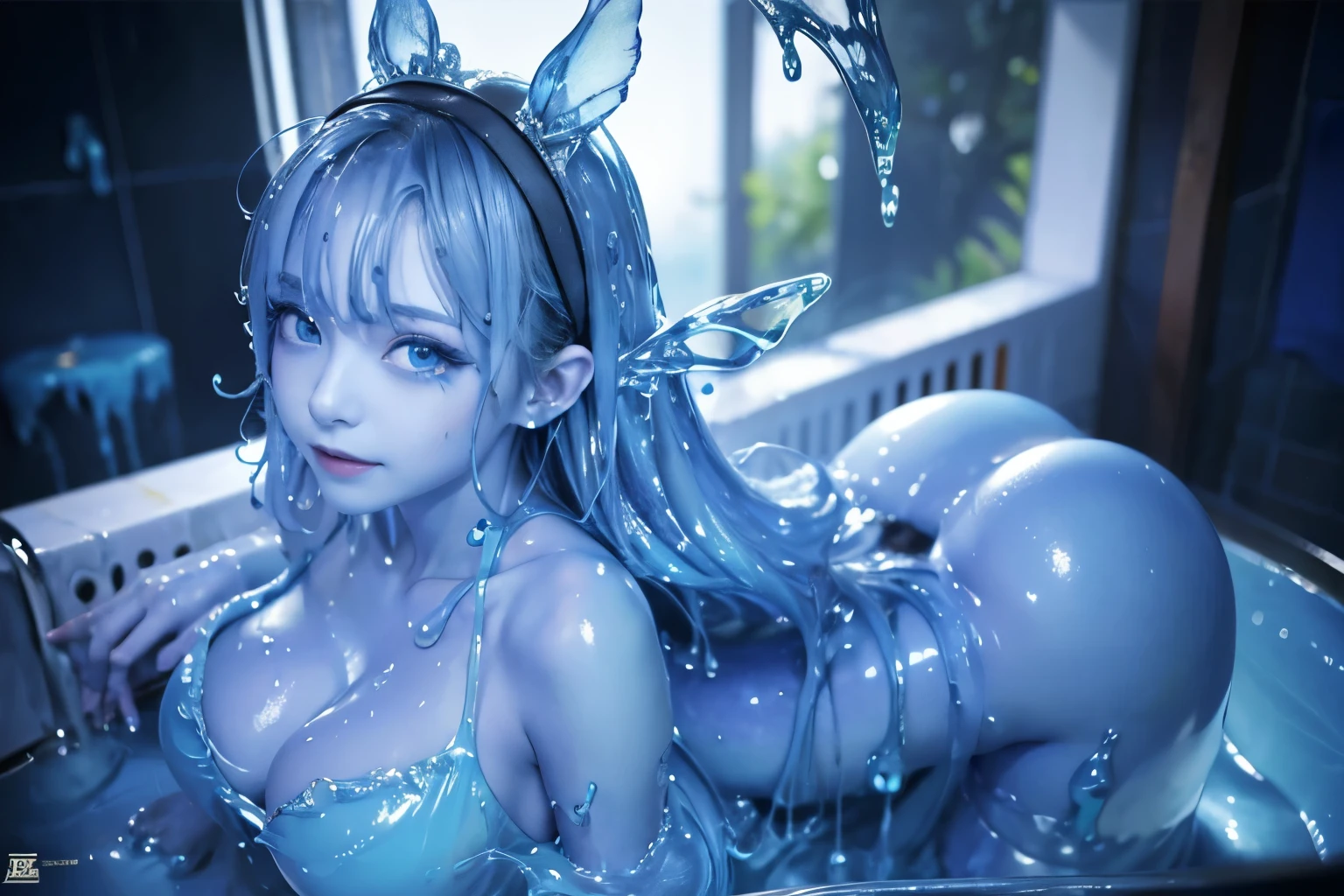(masterpiece,best quality:1.4),(8k,raw photo,photo realistic:1.2),shiny skin,detailed skin,detailed face,detailed eyes, 1girl,looking at viewer,Japanese idol,extremely beautiful face, (smile), LiquidHair, liquid hair, blue mucus floating around, slime girl, covered in blue slime, (partially transparent), (Wet with water), (blue sweat), Slimy blue liquid dripping from her body. Her hair is also covered in blue slime. blue slime scatters, Blue hair, blue eyes