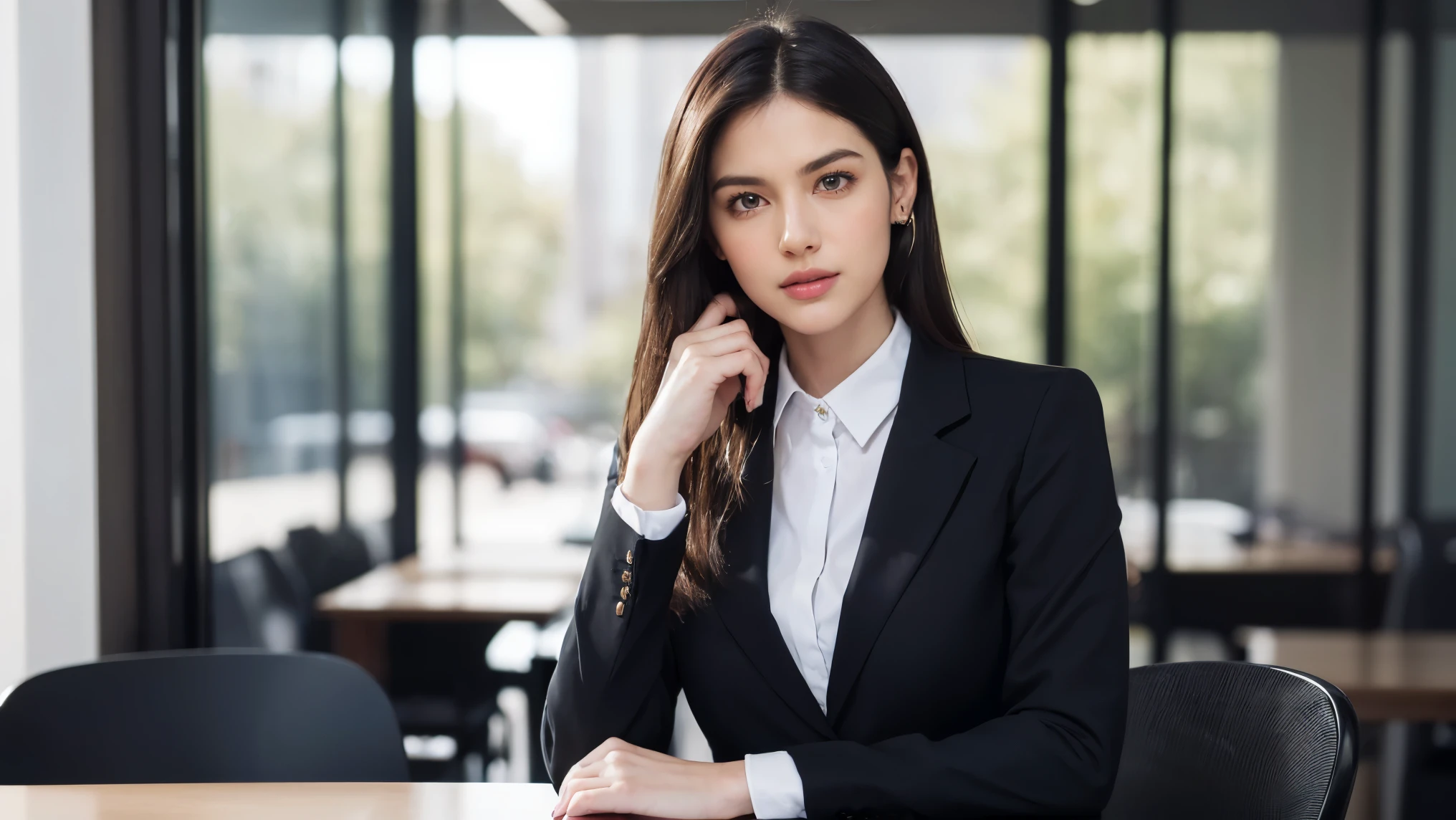 (masterpiece,High quality:1.3), (depth of fields:1.3) (pale:1.5), ((front body:1.35)), Caucasian, woman, Alexandra Daddario, using smartphone, 1 girl (Women's business black suits, black midi skirt, White transparent collared shirt:1.2), Huge breasts, (Looking at Viewer:1.3), (full body:1.2), Inside the office table by the window in the building