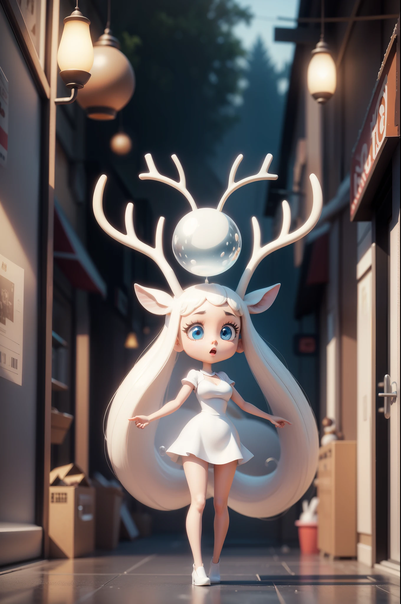 Cartoon IP image,3D modeling rendering effects,Datouhe ,Bubble Mart style,The whole body is white,Have big eyes,There is a pair of antlers and deer ears on the head,stand up,positive view,4K