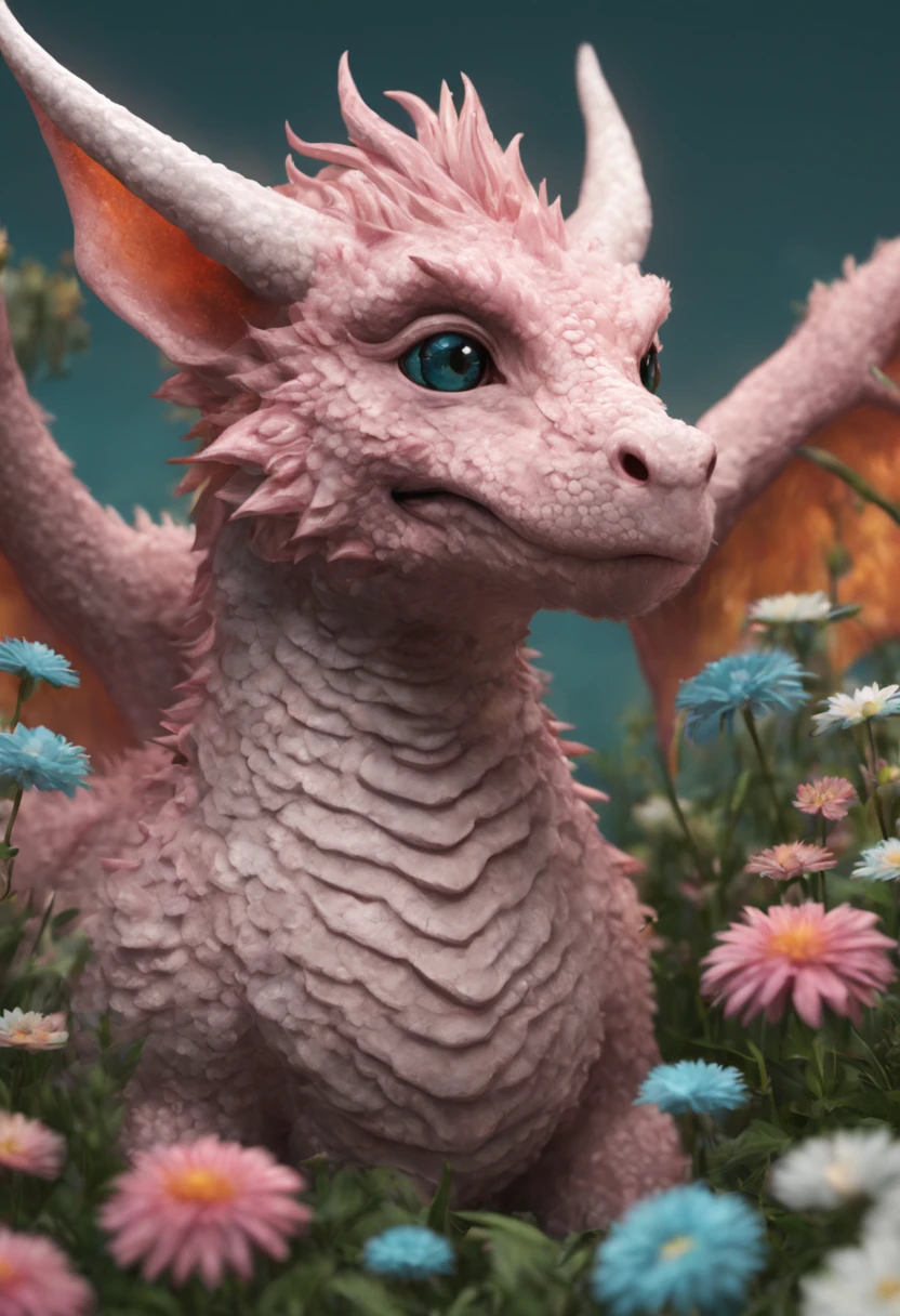 Cute fluffy pink dragon in a field of white flowers, 8k resolution concept art by Greg Rutkowski dynamic lighting hyperdetailed intricately detailed Splash art trending on Artstation triadic colors Unreal Engine 5 volumetric lighting Alphonse Mucha WLOP Jordan Grimmer orange and teal