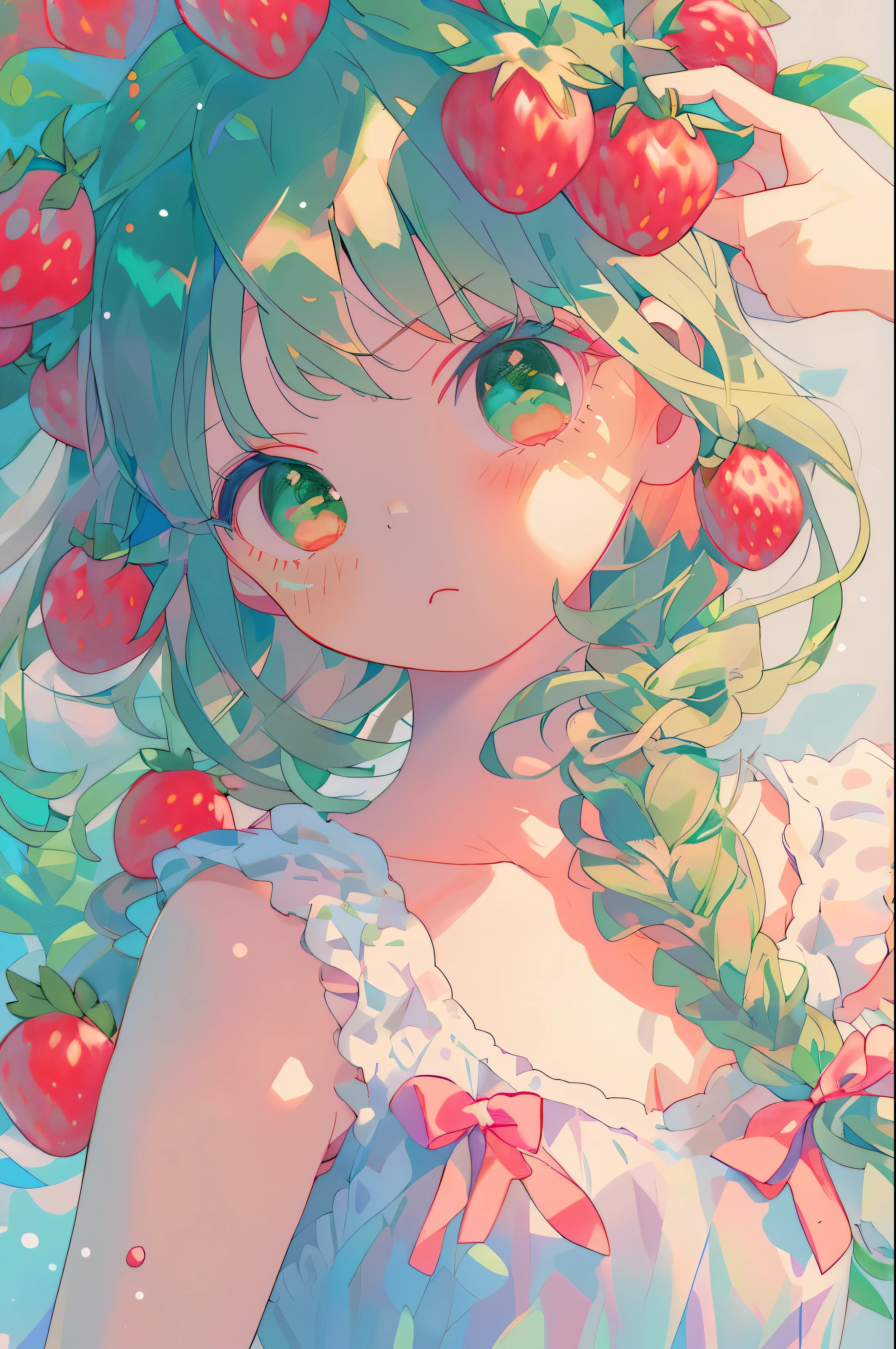 pastel colour,girl with strawberries in her hair,Green braided hair,Grows delicate and delicious strawberries,Big eyes,long eyelashes,delicate makeup,too many eyebrows,transparent skin,Pure white lace dress