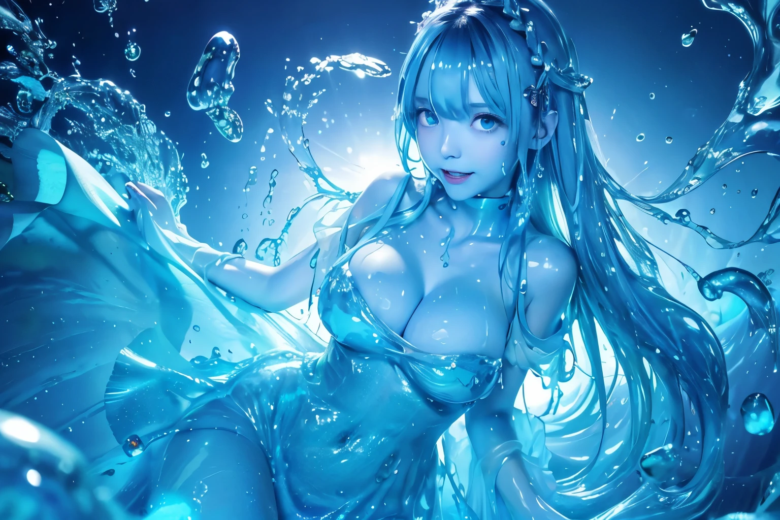 (masterpiece,best quality:1.4),(8k,raw photo,photo realistic:1.2),shiny skin,detailed skin,detailed face,detailed eyes, 1girl,looking at viewer,Japanese idol,extremely beautiful face, (smile), LiquidHair, liquid hair, blue mucus floating around, slime girl, covered in blue slime, (partially transparent), (Wet with water), (blue sweat), Slimy blue liquid dripping from her body. Her hair is also covered in blue slime. blue slime scatters, Blue hair, blue eyes