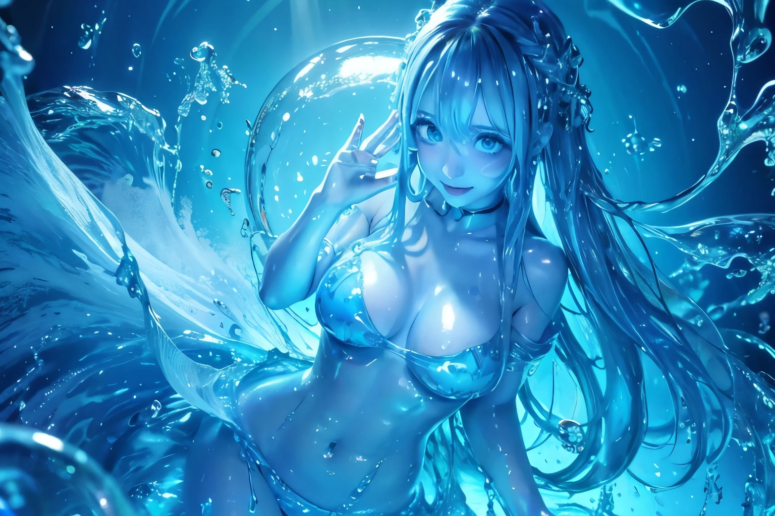 (masterpiece,best quality:1.4),(8k,raw photo,photo realistic:1.2),shiny skin,detailed skin,detailed face,detailed eyes, 1girl,looking at viewer,Japanese idol,extremely beautiful face, (smile), LiquidHair, liquid hair, blue mucus floating around, slime girl, covered in blue slime, (partially transparent), (Wet with water), (blue sweat), Slimy blue liquid dripping from her body. Her hair is also covered in blue slime. blue slime scatters, Blue hair, blue eyes