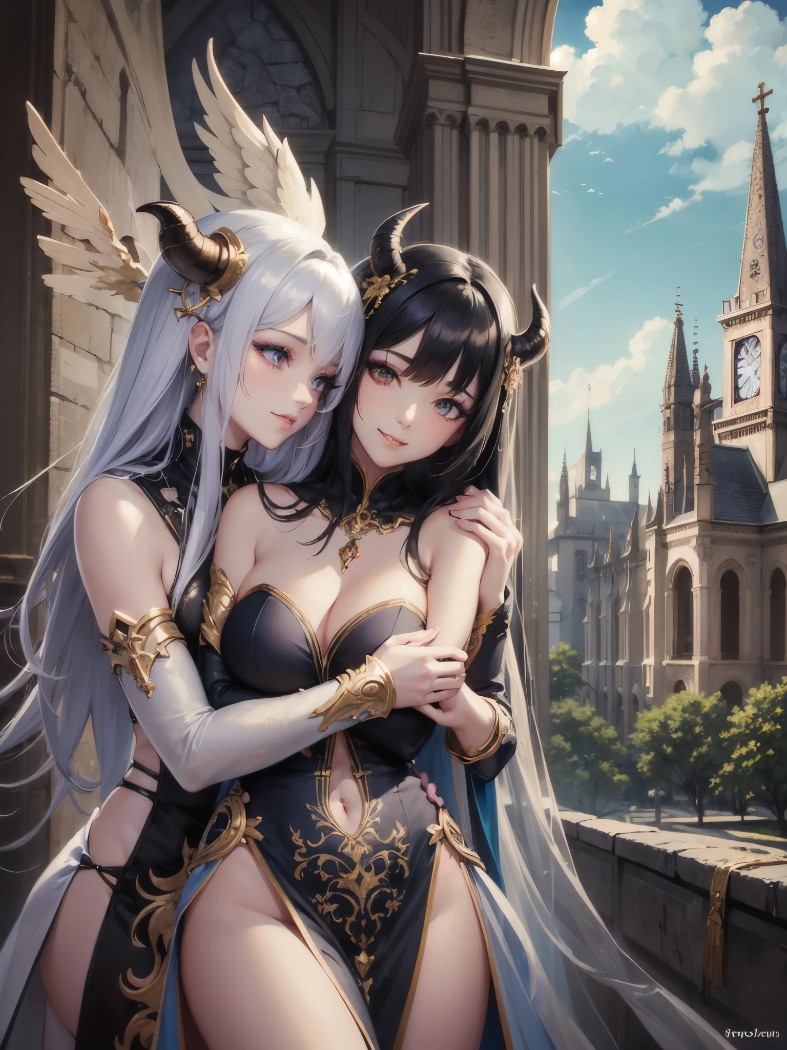 ((highest quality)),(ultra high resolution),(Super detailed),(detailed description),((best CG)),(best work of art),super precision art,great drawing art,(Fantasy art with precise details:1.5), (1 Female Angel:1.6),(one female demon:1.6),(beautiful and well-shaped face:1.5),(makeup:1.5),(smile:1.4),(hugging each other:1.6),(Meticulously detailed clothing:1.7), (ruined church:1.7),Broken stained glass:1.3,broken cross:1.4