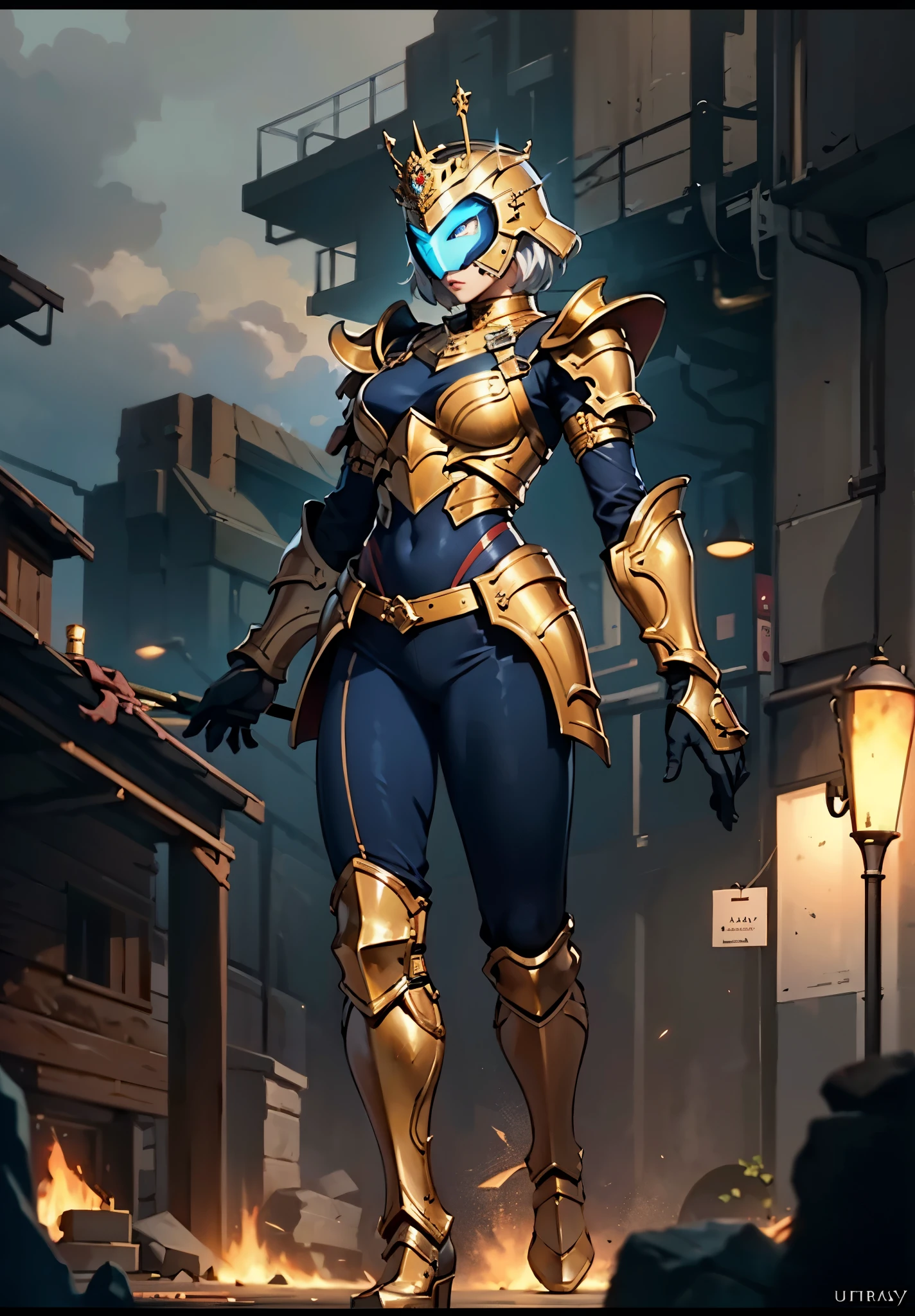 A woman adorned in fantasy-style full-body armor, a crown-concept fully enclosed helmet that unveils only her eyes, a composite layered chest plate, fully encompassing shoulder and hand guards, a lightweight waist armor, form-fitting shin guards, the overall design is heavy-duty yet flexible, the armor gleams with a golden glow, complemented by red and blue accents, exhibiting a noble aura, she floats above a fantasy-surreal high-tech city, this character embodies a finely crafted fantasy-surreal style armored hero in anime style, exquisite and mature manga art style, metallic, elegant, high definition, best quality, highres, ultra-detailed, ultra-fine painting, extremely delicate, professional, anatomically correct, symmetrical face, extremely detailed eyes and face, high quality eyes, creativity, RAW photo, UHD, 8k, Natural light, cinematic lighting, masterpiece-anatomy-perfect, masterpiece:1.5