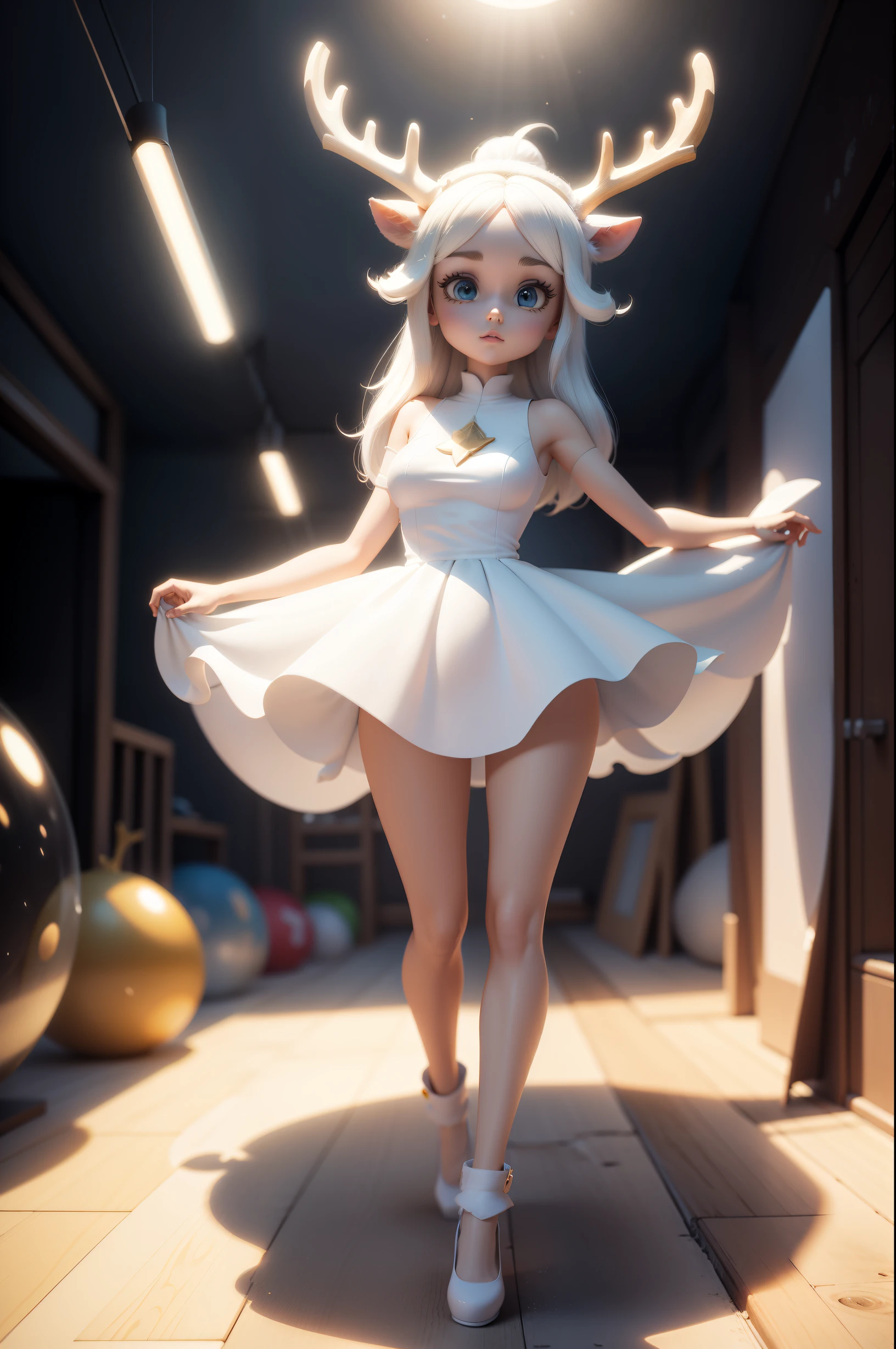 Cartoon IP image，3D modeling rendering effects，Datouhe ，Bubble Mart style，The whole body is white，Have big eyes，There is a pair of antlers and deer ears on the head，stand up，positive view，4K