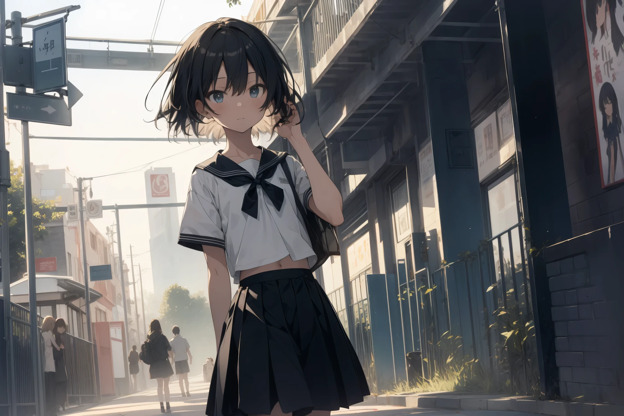 Super high quality by the art god, super detailed, High resolution, AI generated, anime moe art style, best anime 8K konachan wallpaper, pixiv contest winner, perfect anatomy, break,(眠そうにalone学校へ行く女の子を描いてください. ),break, 1 girl, (alone,lolita, , 13 years old:1.3),All limbs, full finger,, androgynous charm, (very short hair), messy hair, bangs,flat chest, Because I'm slender, small ass, between legs, Small black eyes, beautiful and fine eyes, Well-proportioned iris and pupils, expressive eyes,disgusted eyes, High resolutionの詳細な髪, wearing school uniform, (skirt),(detailed lighting), (detailed background), On the way to school. break,super dense skin, Best lighting by famous artists, 8K, figure,UHD, rough skin