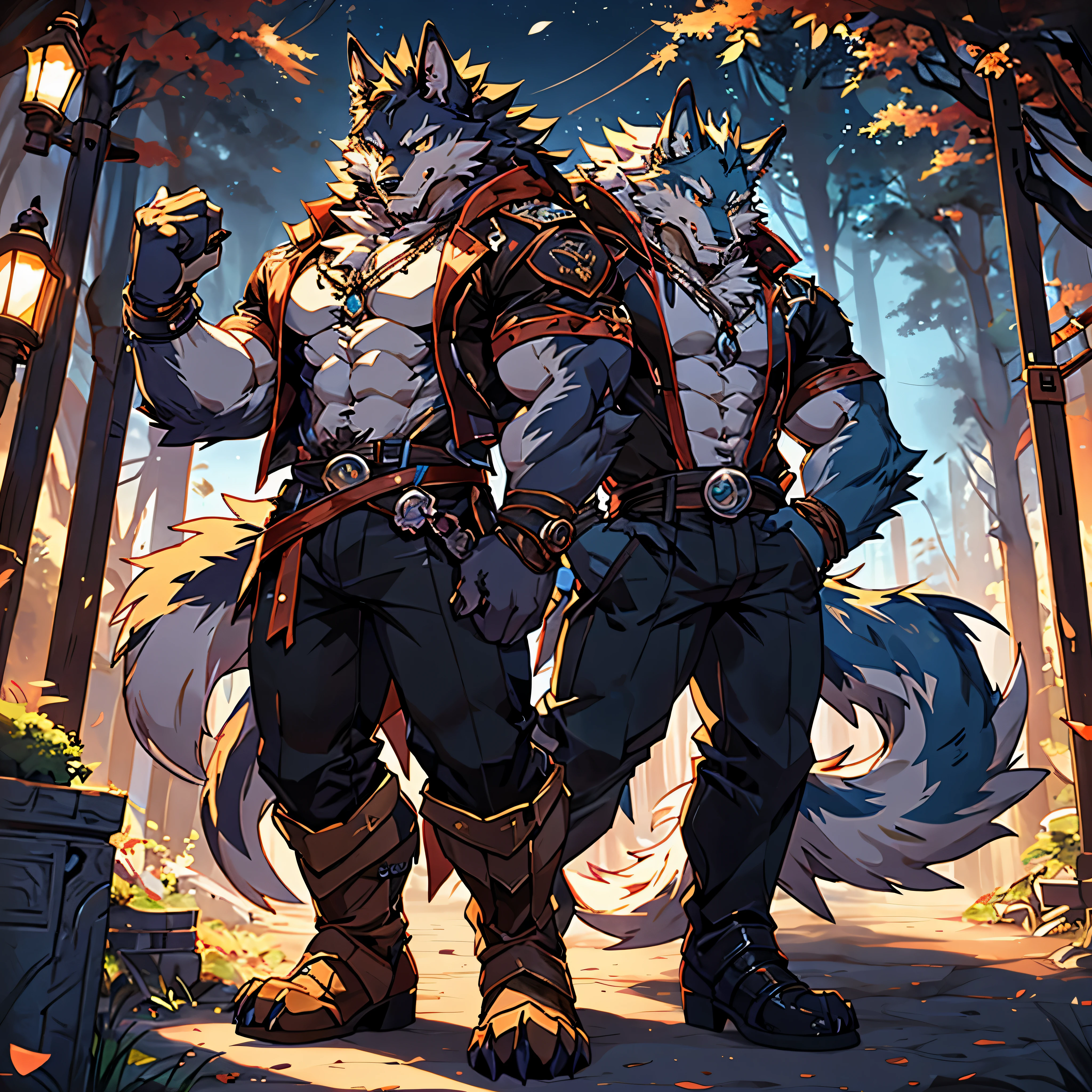 Furry 肌肉werewolf male wearing only pants, furry art, 肌肉werewolf, high resolution committee, body committee, exquisite eyes, The pupil color is light blue， furry color white, furry anime, Fursona furry art committee, furry fusona, Gorgeous werewolf Fusona, Hairy chest, One hand crossed at waist, Wearing brown boots, show your toes，Expose your heels, furry art, intense expression, proudly, 1 boy, A long furry wolf tail，Fangs in the mouth, Gaze at the screen, sharp claws, two legs, Stand on two feet, werewolf, as《iron fist》The role is in, Folsom Arts, background, forest path