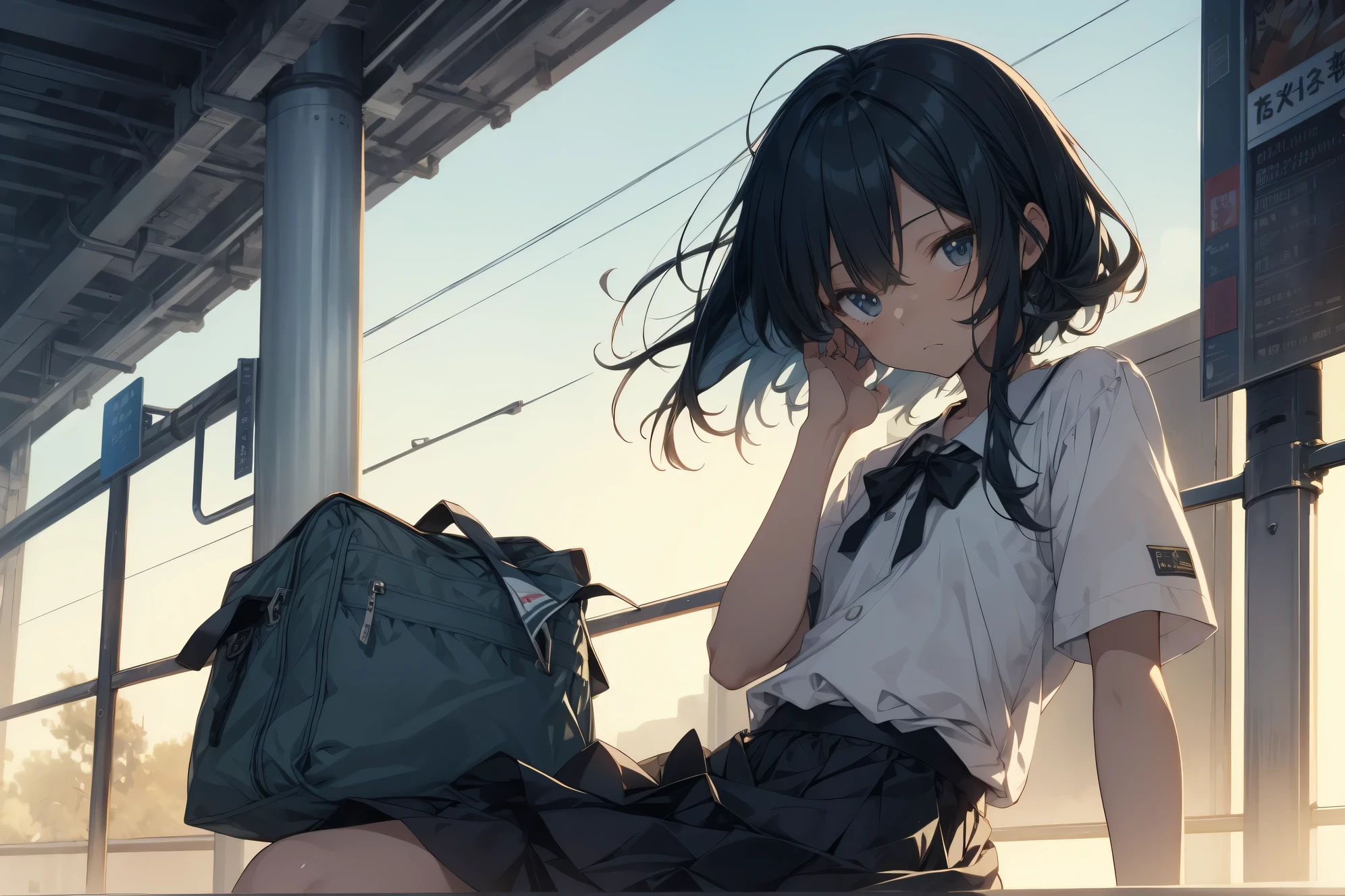 Super high quality by the art god, super detailed, High resolution, AI generated, anime moe art style, best anime 8K konachan wallpaper, pixiv contest winner, perfect anatomy, break,(眠そうにalone学校へ行く女の子を描いてください. ),break, 1 girl, (alone,lolita, , :1.3),All limbs, full finger,, androgynous charm, (very short hair), messy hair, bangs,flat chest, Because I'm slender, small ass, between legs, Small black eyes, beautiful and fine eyes, Well-proportioned iris and pupils, expressive eyes,disgusted eyes, High resolutionの詳細な髪, wearing school uniform, (skirt),(detailed lighting), (detailed background), On the way to school. break,super dense skin, Best lighting by famous artists, 8K, figure,UHD, rough skin