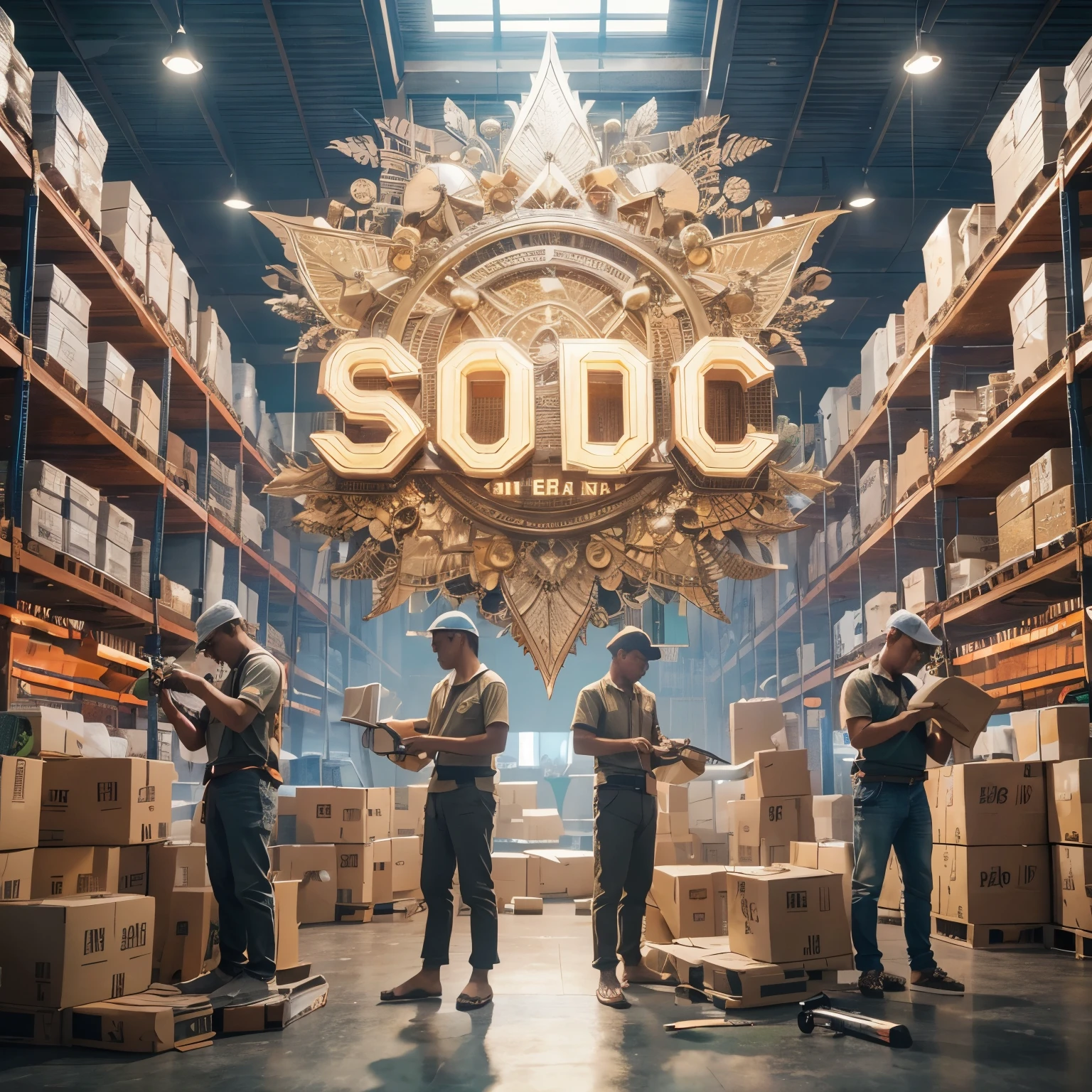 5 orang pria indonesia sedang menghitung barang dengan latar suasana di dalam gudang ritel. Bagian depan ada logo bertuliskan "SO DC" dengan sangat jelas dan kreatif dengan hiasan barang-barang di gudang. hyperrealistic, cinematic, photorealistic, ultra HD, detail texture, 8K image