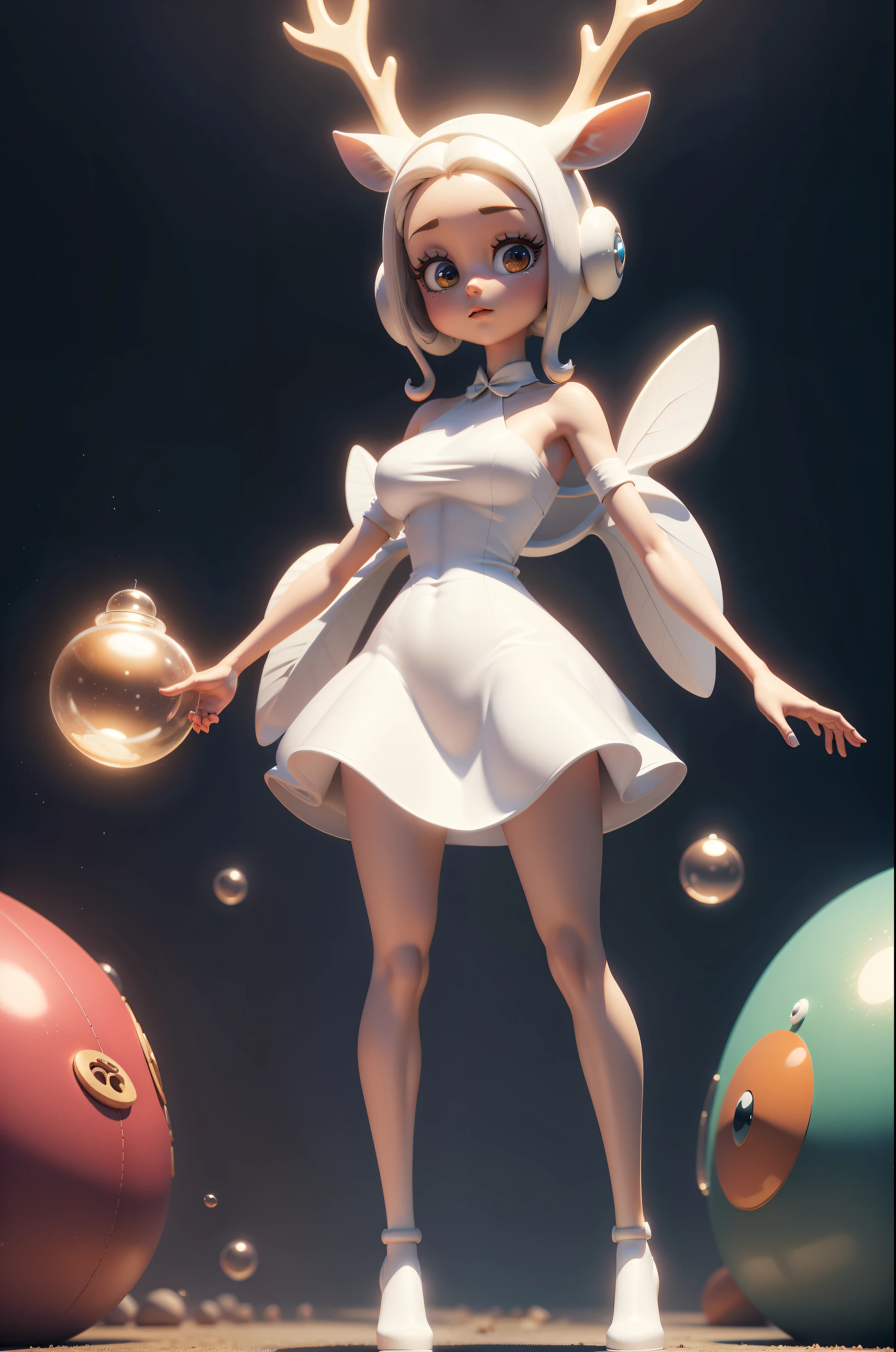 Cartoon IP image,3D modeling rendering effects,Datouhe ,Bubble Mart style,The whole body is white,Have big eyes,There is a pair of antlers and deer ears on the head,stand up,positive view,4K