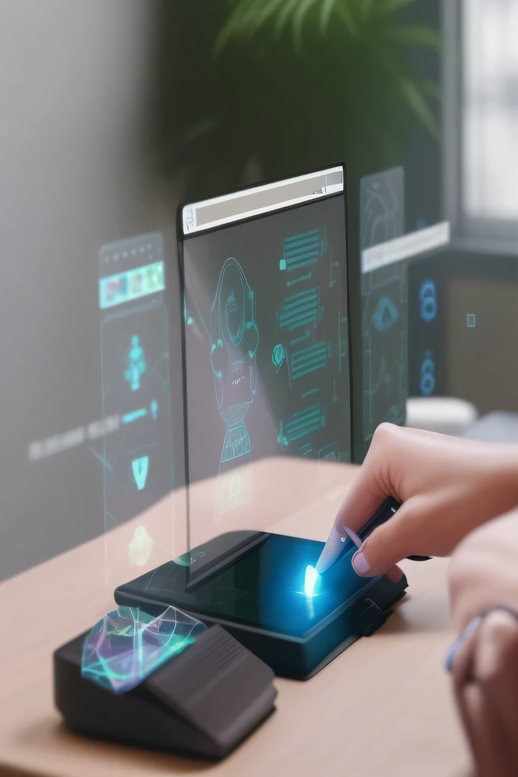 someone using a tablet with a touch screen on a wooden table, computers and holograms, typing on a holographic keyboard, digitally drawn, instagram post, holographic interface, smooth technology, ad image, glowing computer screens, technological screens, a computer rendering, by Sebastian Vrancx, data holograms, advanced technology, high-tech devices