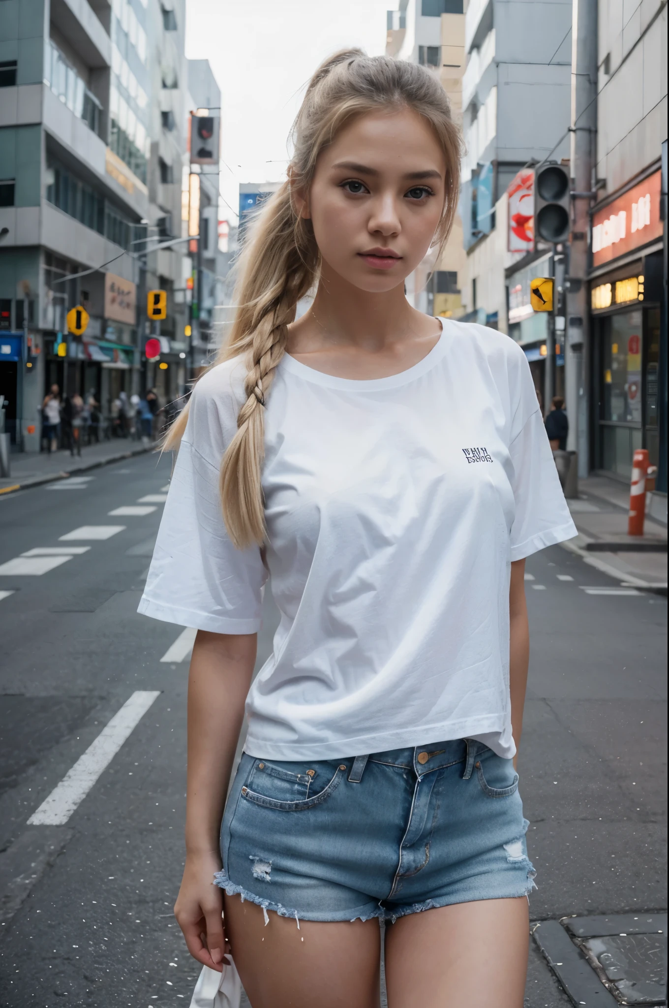 Fashion blank white tshirt mock up, an oversized blank white tshirt, a girl with a beautiful face, long blonde hair with high ponytail hair, her face was like Ingfah Warahai missgrand of thailand, she's got denim shorts underneath, framed up to her knees , Tokyo street in background, a minimalist designe, mock up model, face is ultra clear and high resolution, cinematic film still editiorial photograph White Tshirt mockup , cool summer girl , Model mock-up, arty pose, fashion, high definition, high resolution, muted colors , volumetric lighting, 8k, 3d render, Eastmancolour film, ,İnsanely detailed and intricate, hypermaximalist, elegant, hyper realistic, super detailed, dynamic pose,photograph , Professional photography,ultra realistic, photographic,UHD, HDRI, artistic, Canon 5, film grain, pastel color photography, uhd,hyperrealism, 85-mm-lens, sharp-focus, intricately-detailed, long exposure time, f/8, ISO 100, shutter-speed 1/125