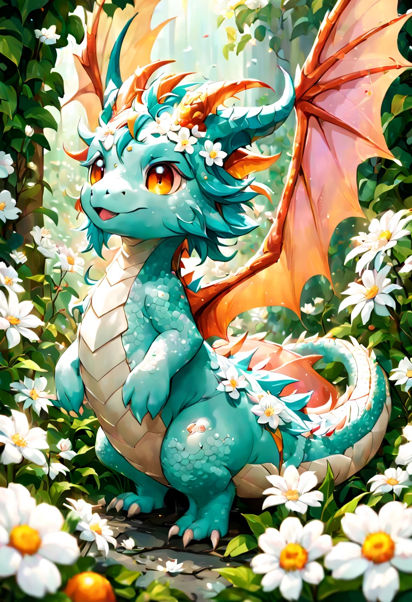 Cute fluffy pink dragon in a field of white flowers, 8k resolution concept art by Greg Rutkowski dynamic lighting hyperdetailed intricately detailed Splash art trending on Artstation triadic colors Unreal Engine 5 volumetric lighting Alphonse Mucha WLOP Jordan Grimmer orange and teal