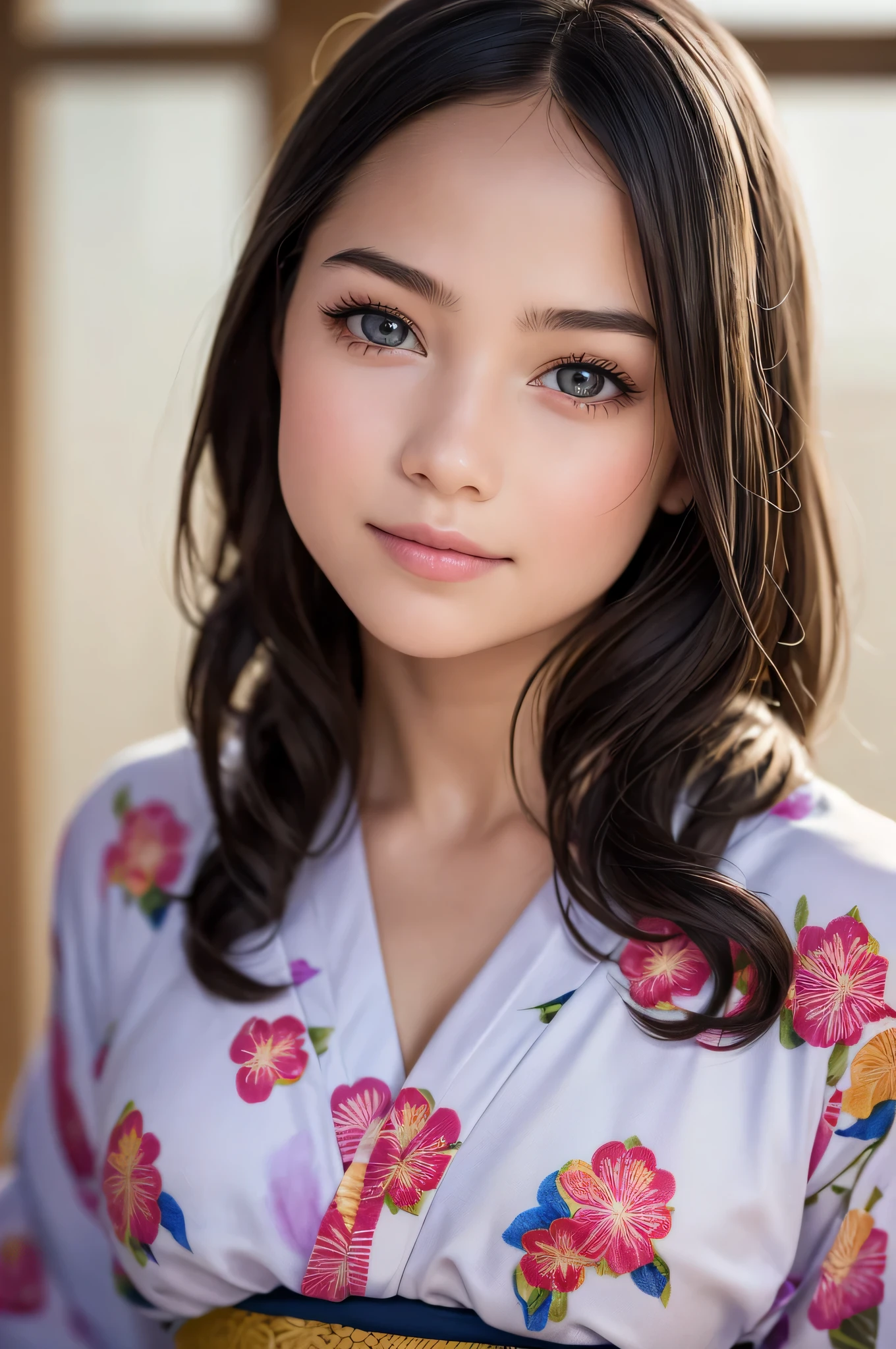 (1young girl), Extremely cute face, Amazing face and eyes, (Highly detailed eyes, Highly detailed face), fresh, Very clean appearance, (Hyper-realistic, hight resolution), (Best Quality:1.4), Raw photo, (Realistic, Photorealsitic:1.37), Professional Photography, (floral pattern yukata:1.5), (Open yukata), (cleavage:1.2), (Bare shoulders), Smile slightly, (Staring at me), Bedroom, girl portrait,