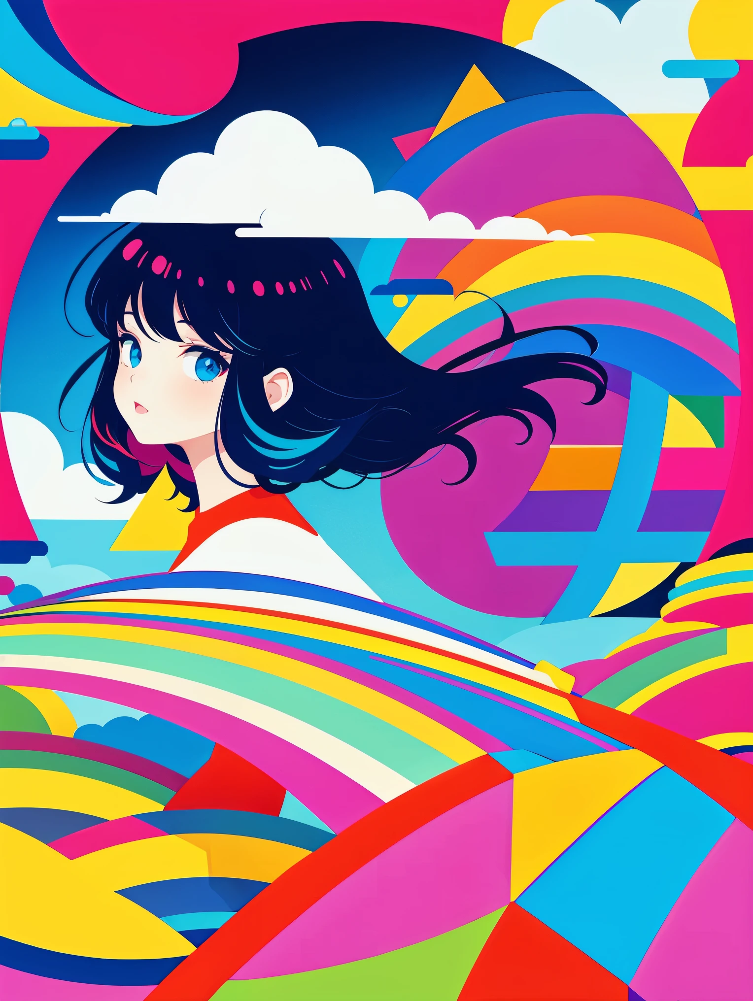 Super cute 1 girl，Abstract surreal colors，Stylish Geometric Surrealism，rainbow colored dreams，paper cutting，clouds