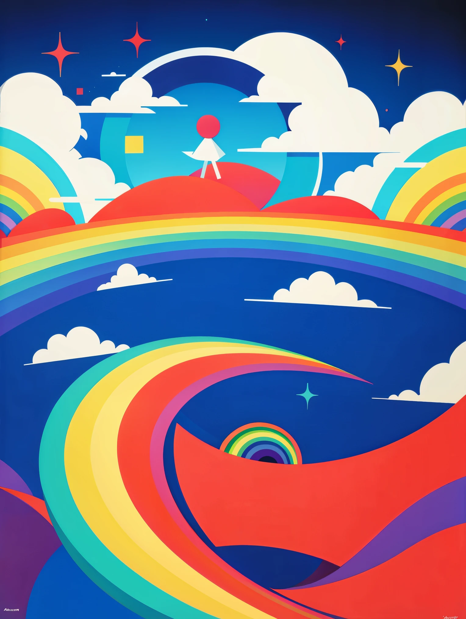 Abstract surreal colors，Stylish Geometric Surrealism，rainbow colored dreams，paper cutting，clouds