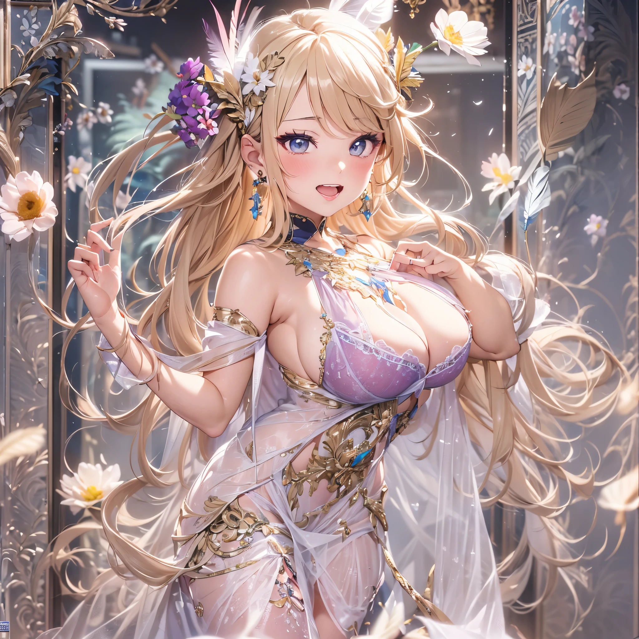 過去最高のmasterpiece、beautiful美しさ, 3D two-dimensional, rich, blonde, skirt, stockings, high heels, star、(Highly detailed CG Unity 8K wallpaper),(masterpiece), (最高quality), (超be familiar with), (best work),(best shadow), (sharp eyeliner, eye shadow, fine eye:1.1), (超High resolution,realistic,最高quality,realistic),(8K,RAW photo,最高quality,star),mature woman、sensual curves、huge breasts、thighs、bubble、お尻のmasterpiece, 最高quality, 超be familiar with, full body shot, mature woman, beautiful mature woman, nightgown and underwear, enchanting smile, thick lips, Chubby lips, blush, looking at the viewer, provocative expression, beautifulhair型, cleavage, Plump、curvy hips、attractive face、sexy lingerie、an inviting gaze、Expression of emotions、Lewd underwear、(((erotic see-through lingerie set)))、Standing position、gorgeous accessories 、big breastsの女性, bare shoulders, 金色のhair, colored feather, metal ornaments, colored flowers, particle, light, (masterpiece, 最高quality, 最高quality, official art, beautiful and aesthetic:1.2), (1 girl:1.5), 非常にbe familiar with,(fractal art:1.1),(colorful:1.1)、(flowers:1.3),most detailed,(zentangle:1.2), (dynamic pose), (abstract background:1.3), (shiny skin), (lots of colors :1.4), ,(earrings:1.4), (feather:1.4),masterpiece, 最高quality, 超be familiar with, 30~40 years, full body shot, beautiful 、さまざまなhair型，gold headband，plump breasts，beautiful，greek clothing，Tulle covers the breasts，perfectly proportioned, detailed clothing details,marble，god statue，cinematic lighting, film grain, 8K, masterpiece, 超be familiar with, high detail, 高quality, High resolution,(((NSFW:1.2)))、exposed chest、Openwork decoration，(((see through dress)))、(((解剖学的に正しいbody))) , 最高quality, 超be familiar with, (((Lewd underwear)))、raise your butt, from below, (((R-18)))、thighs, big breasts, Are standing, cowboy shot, blush, (((1 girl))), (masterpiece:1.3), (High resolution), (8K), (非常にbe familiar with), perfect face, Nice eye and face, (((最高quality))), (超be familiar with), detailed face and eye, (alone), beautifuleye,(((sexy pose)))、(((整ったbig breasts)))、((beautiful eye))、luxury、(((超High resolution)))、(((detailed description)))、(((ぽっちゃりbody型)))、(((解剖学的構造に一致したbodyの部位)))、beautiful長いまつ毛、バランスのとれたbody型,2 feet、Just the right size for your legs and arms、Fishnet tights、glamorous、(((Clear white and black eye)))、lipstick、Sparkling、(Undistorted face, eye, body)、jewelry、gem、(長くカールしたbeautifulまつ毛)、(((バランス良いbeautiful胸)))、(transparent, Exquisite skin:1.2)、(((完璧なglamorousボディー)))、actress face、Super beautiful、Cute smile、Healing beauty、Flower shower、完璧なeye、realistic depiction、Super sexy、glossy、Glamorous、double eyelids、Good dark makeup、makeup、ぼやけていないeye , expensive_quality, expensive_solve, masterpiece*I wore, whitespace, colorful, 1 girl, alone, white_hair, prism hair, [pink|green] eye, gradient eye, multicolored eye, shine eye, shine, Sparkling, shine white particles, Alone、one shot、adorable、Plump、Glossy and exquisite skin、はっきりしたeye鼻立ち、realistic eyes、whiteい肌, real human skin, (be familiar with), oval face, pore, (8K, Raw photo, realistic: 1.4), one girl, (Gentle and Goddess-like Eyes) happiness: 1.2), (lip gloss, eyelash, gross face, 最高quality, 超High resolution, wide lighting, natural shading)、ぼやけていないeye、(((Plump face)))、cute face 、(((つやつやのshine肌)))、eyeの補正