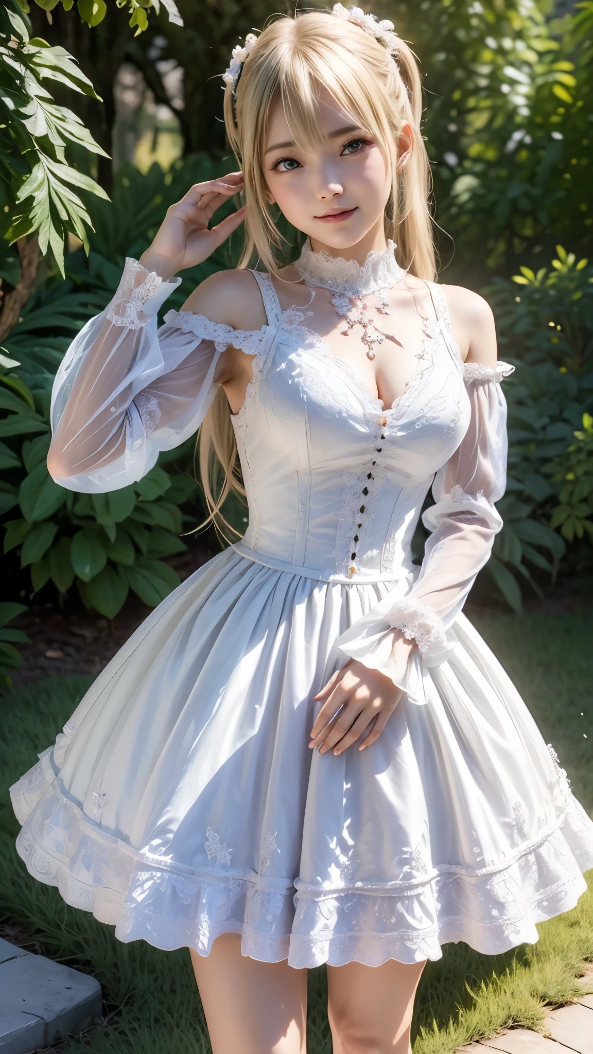 ((highest quality)), ((masterpiece)), (detailed:1.4), 3D, image of a woman in a beautiful dress,nffsw(high dynamic range),ray tracing,NVIDIA RTX,super resolution,unreal 5,Scattered beneath the surface,PBR texturing,post processing,anisotropic filtering,Depth of bounds written,maximum clarity and sharpness,multilayer texture,Albedo and specular maps,surface shading,Accurate simulation of light-matter interactions,perfect proportions,octane rendering,two-tone lighting,wide aperture,Low ISO、White balance、Rule of thirds、8K students、(())(((white clothes)))((blonde))