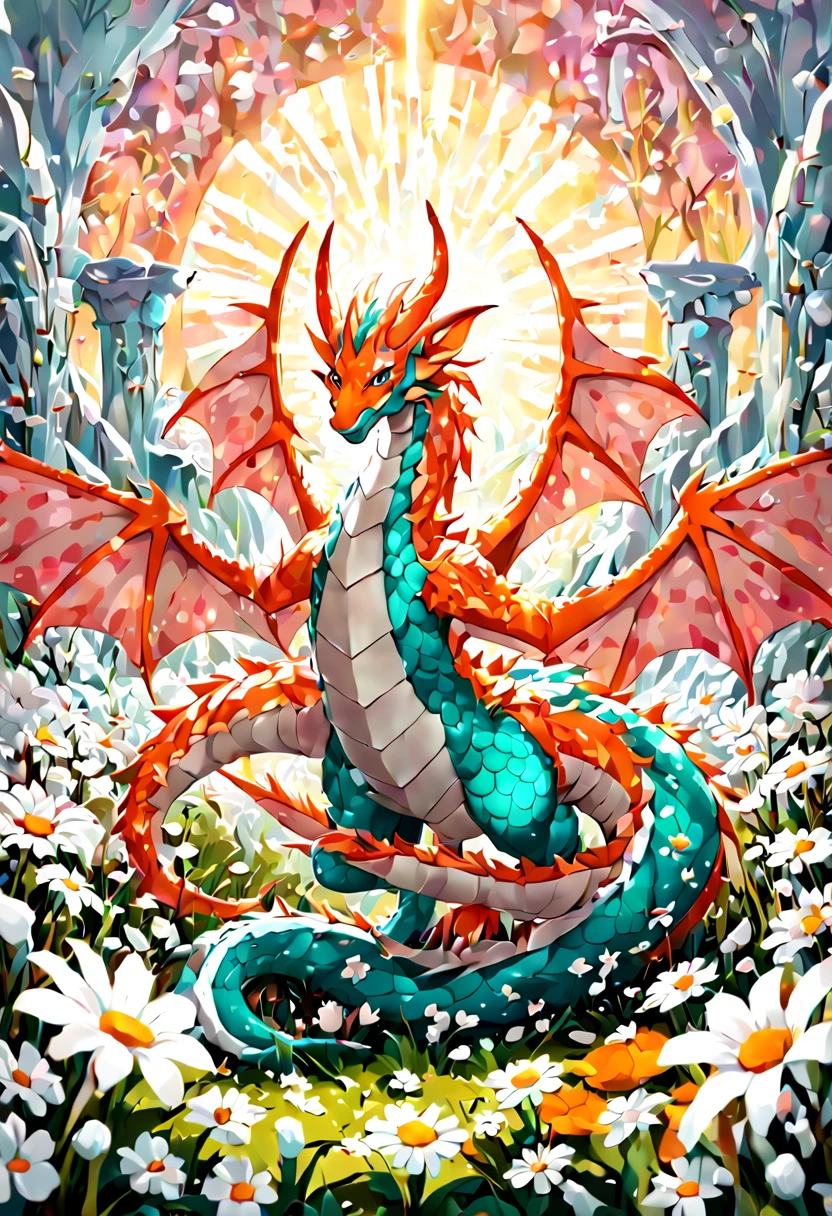 Cute fluffy pink dragon in a field of white flowers, 8k resolution concept art by Greg Rutkowski dynamic lighting hyperdetailed intricately detailed Splash art trending on Artstation triadic colors Unreal Engine 5 volumetric lighting Alphonse Mucha WLOP Jordan Grimmer orange and teal