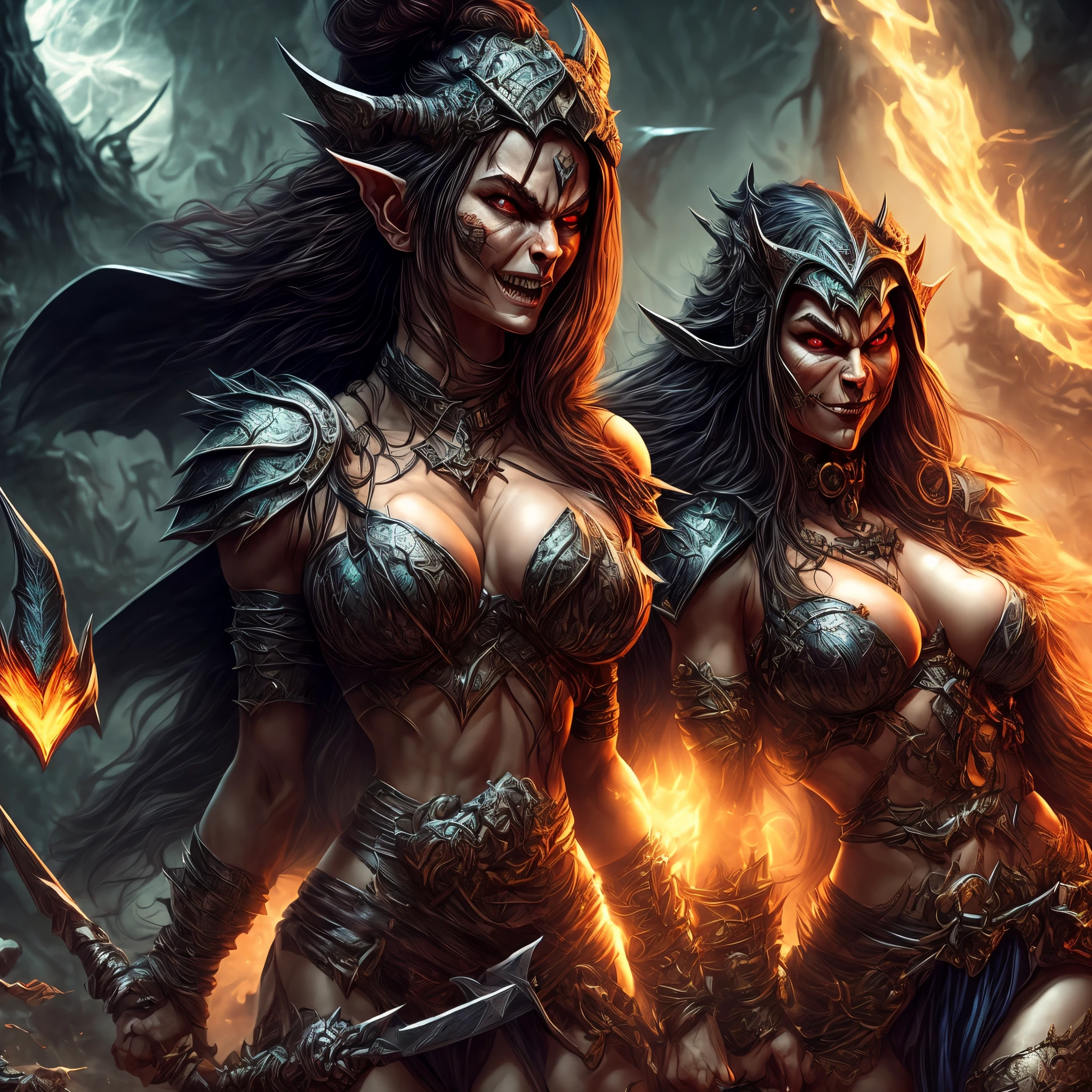 (multiple subjects)(complex details)(a very high quality,4k,8k,highres,masterpiece:1.2), ultra-detailed, realistic, photorealistic:1.37, HDR, UHD, studio lighting, extreme detail description, professional, vivid colors, bokeh, landscape, fantasy, (Overarching theme: Conan Movie), seductive, alluring, detailed faces, (sexy, buxom, evil, little, insane, female goblins) with crude sharp glinting weapons, they have sharp shark like teeth and they are hungry), magic glade, moonlight, full body, show goblins from head to toe, show her entire body