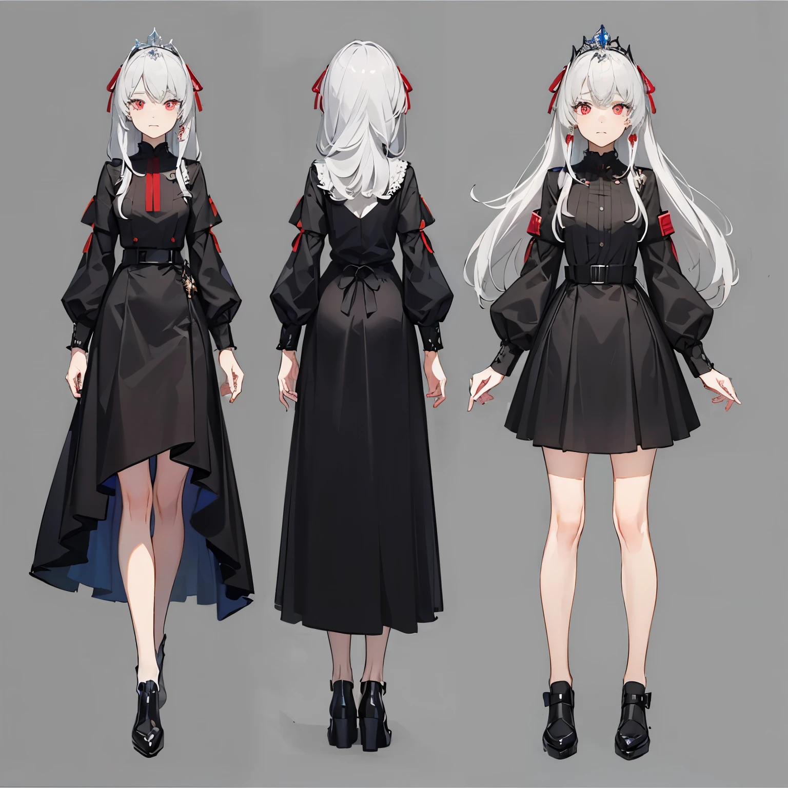 ((((gray background,)))),whole body, Uniforms, Front view, side view, Rear view, red eyes, Glowing pupils, Delicate tiara, long white hair, ribbon, jewelry, faint smile, Dress uniformly, (Reference table), ultra high definition, precise, Super details, Award-winning, high detail, best quality, 8k