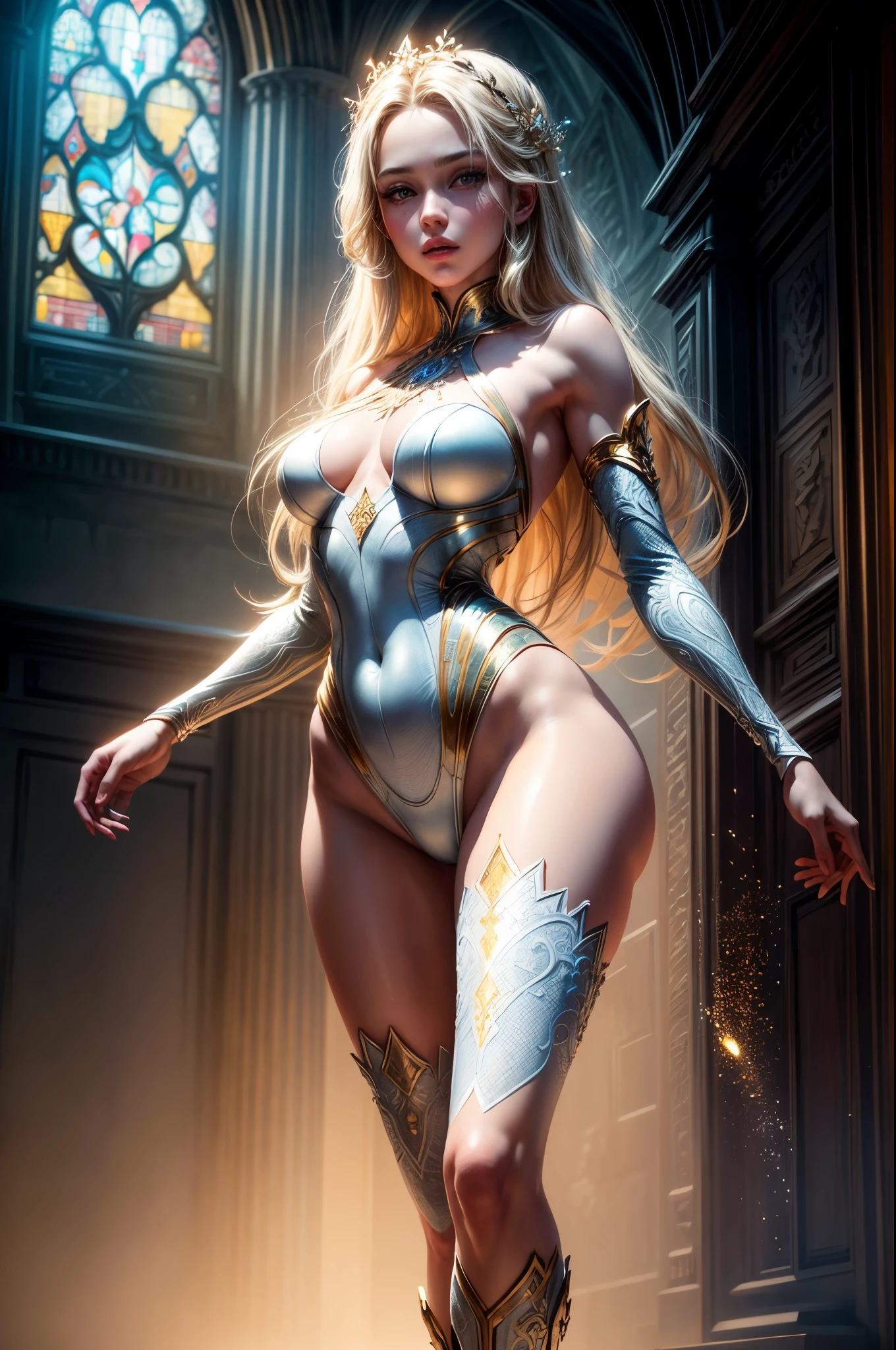 ((best quality)), ((masterpiece)), (detailed), perfect face, Young blonde with a very beautiful face, seductive body, very feminine, full body with arms and legs open from below, like Vitruvius, completely colored transparent stained glass windows, lots of color, fantasy of glitter, backlighting, translucent effects, masterpiece of intricate art, poster cheerful film with matte paint, golden ratio, trending on cgsociety, intricate, epic, trending on artstation, by artgerm, beksinski, full body, minimalist swimsuit, white, highly detailed, vibrant, movie character rendering production, ultra high quality model, 32k