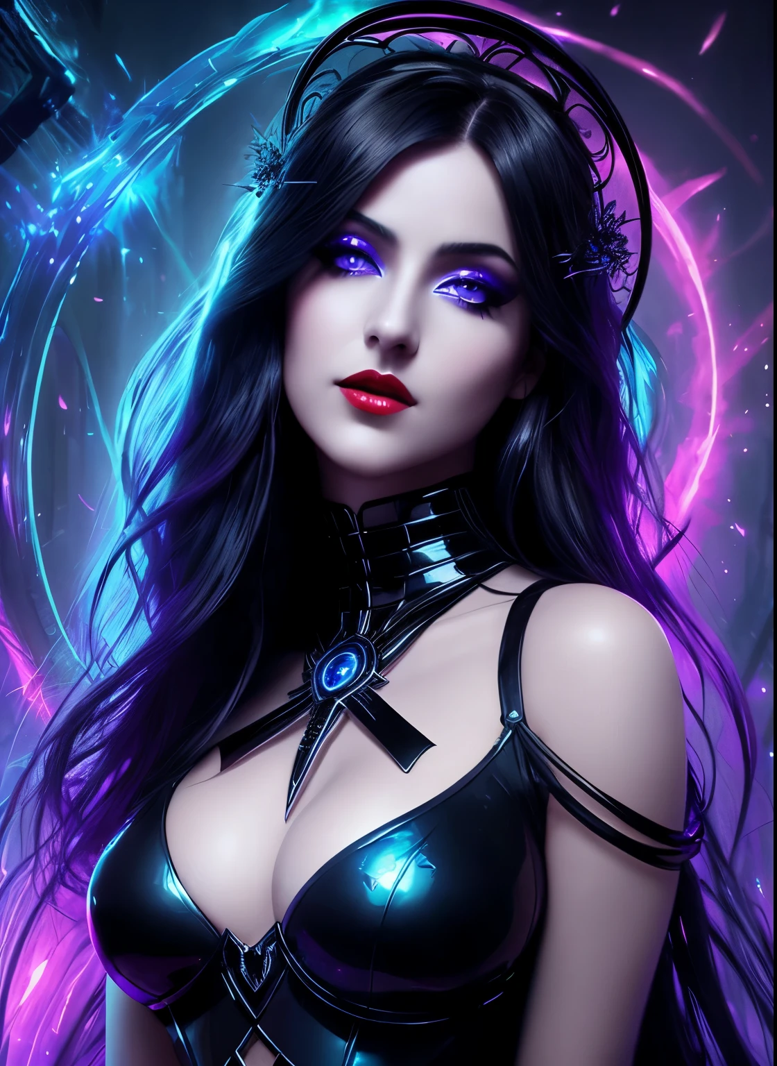 Noir painting, Extreme close up of a powerful sorceress, enchantress in glowing black dress (bare shoulders), hourglass figure, curvy, cleavage, long flowing black hair, goth makeup, lush dark red lips, wanting a kiss, facing viewer, looking at viewer, enticing viewer with magic, highly detailed face, alluring blue eyes, real, symmetrical, high detail, best quality, astral body, chaos atmosphere, dark fantasy, Artgerm, 1female, bioluminescent magic elements, clothes, 8k purple magic