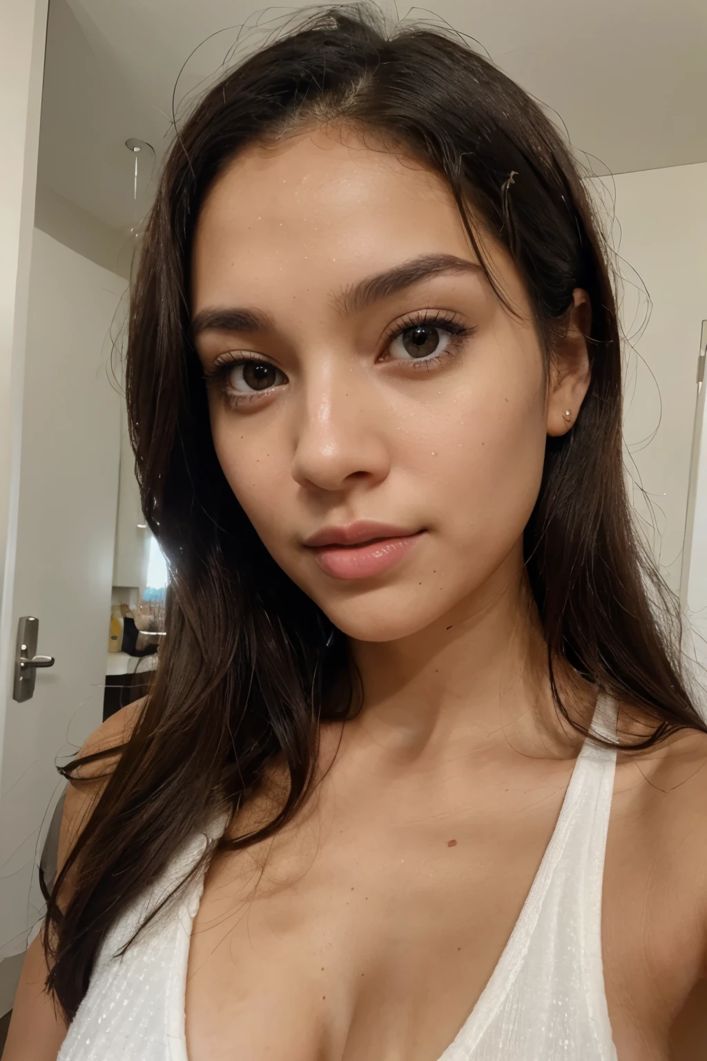 Photo of a light skinned woman, dark hair that has a very natural face, She makes a cute selfie with her iphone front camera