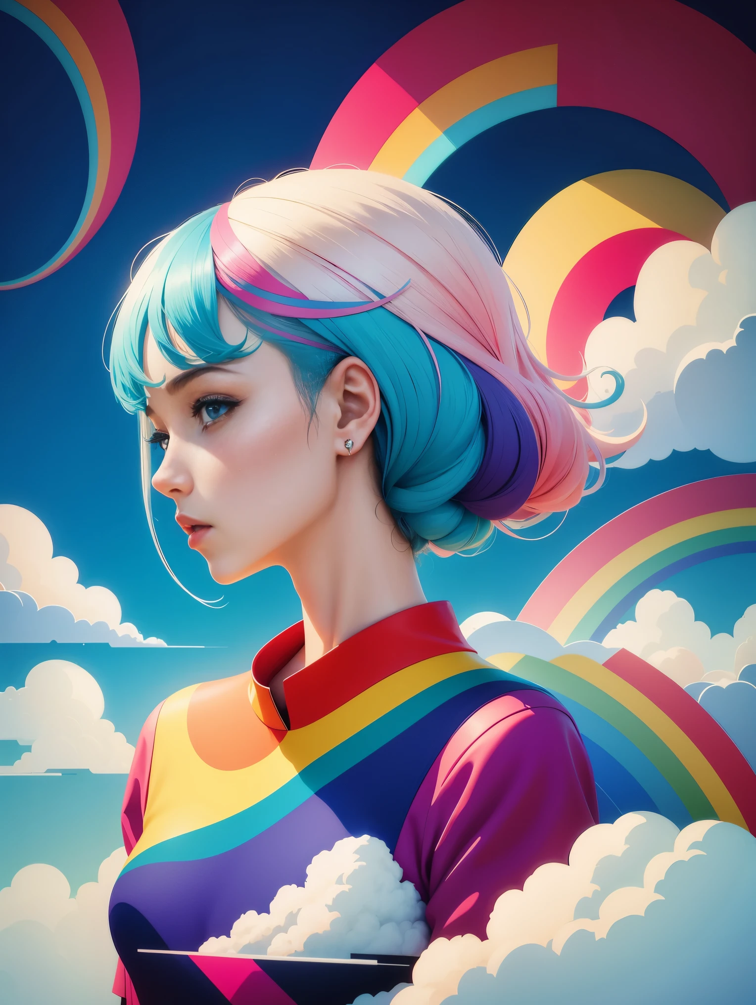 1 girl，Abstract，surreal colors，Fashion，geometry，Surrealism，rainbow，paper cutting，clouds，Light blue sky，paper hair