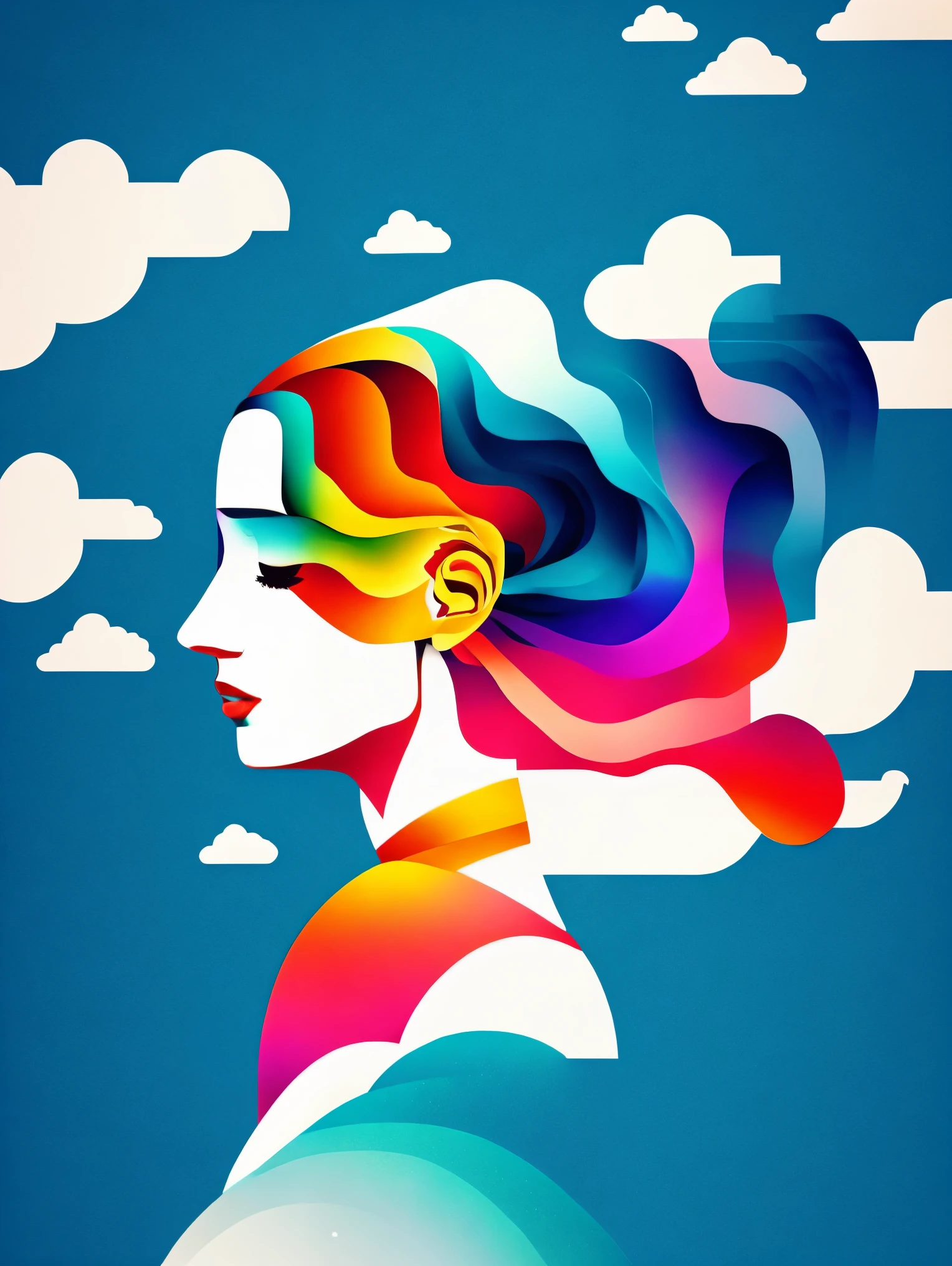 1 girl，Abstract，surreal colors，Fashion，geometry，Surrealism，rainbow，paper cutting，clouds，Light blue sky，paper hair