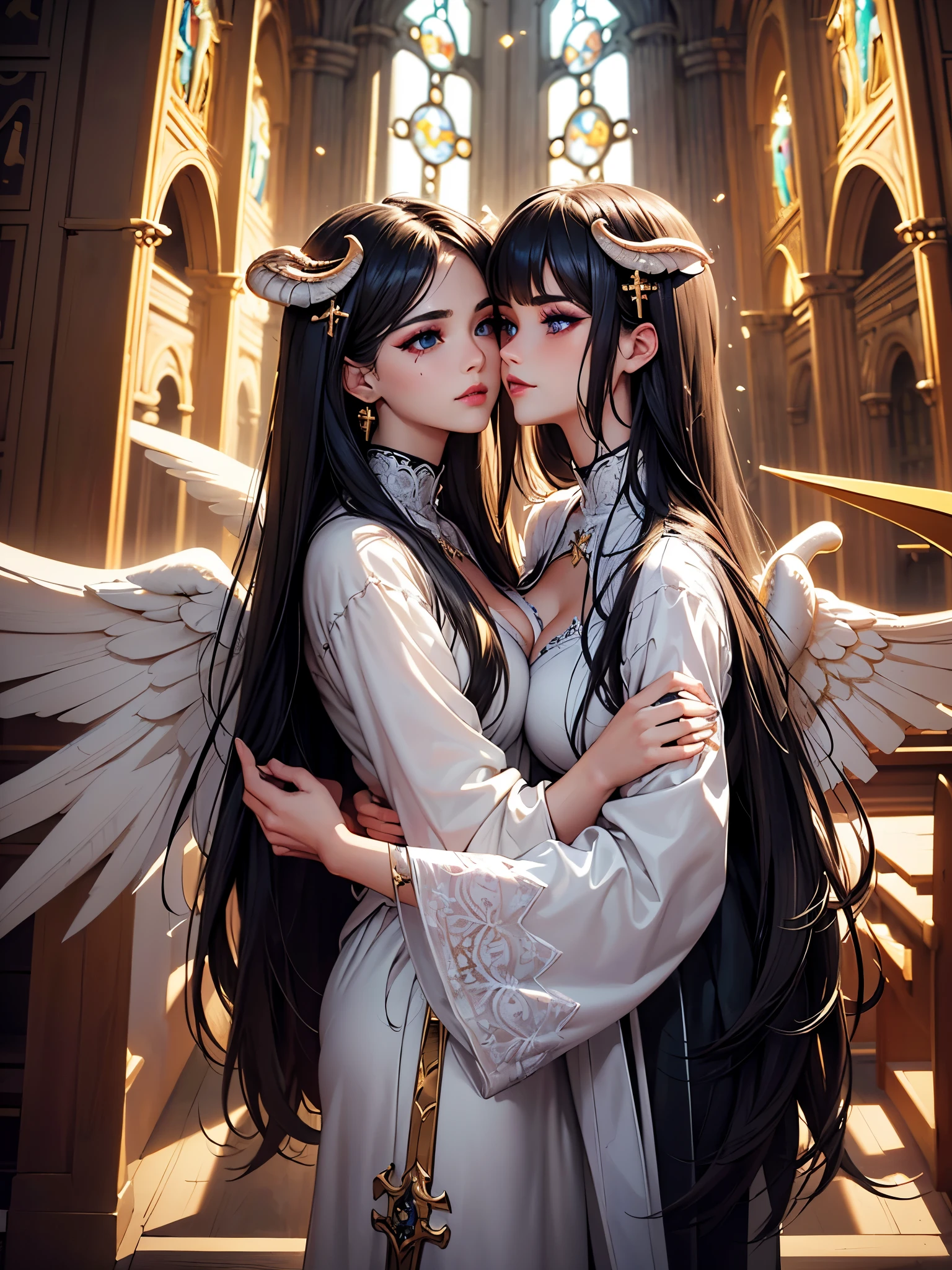 ((highest quality)),(ultra high resolution),(Super detailed),(detailed description),((best CG)),(best work of art),super precision art,great drawing art,(Fantasy art with precise details:1.5), (1 Female Angel:1.6),(one female demon:1.6),(beautiful and well-shaped face:1.5),(makeup:1.5),(smile:1.4),(hugging each other:1.6),(Meticulously detailed clothing:1.7), (ruined church:1.7),Broken stained glass:1.3,broken cross:1.4