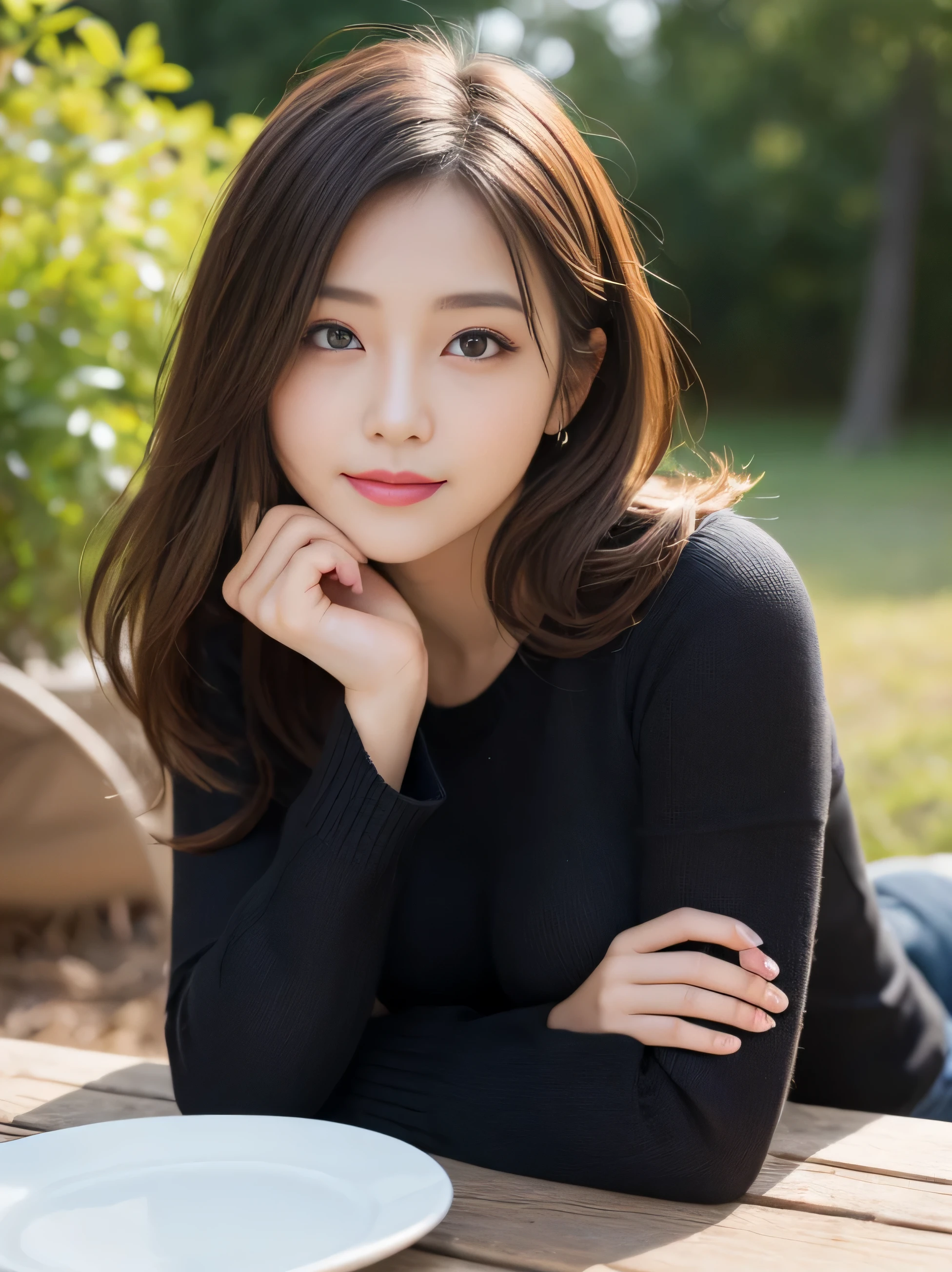 table top, highest quality, shape, Super detailed, finely, High resolution, 8k wallpaper, 完璧なダイナミックな構shape, beautiful and detailed eyes, she is wearing a black long sleeve knit,medium hair,natural color lip, bold sexy pose,笑face,Harajuku、20 year old girl、cute、sexy shot looking at camera、C cup、brown hair、cacique#39;face、Blurred campsite background