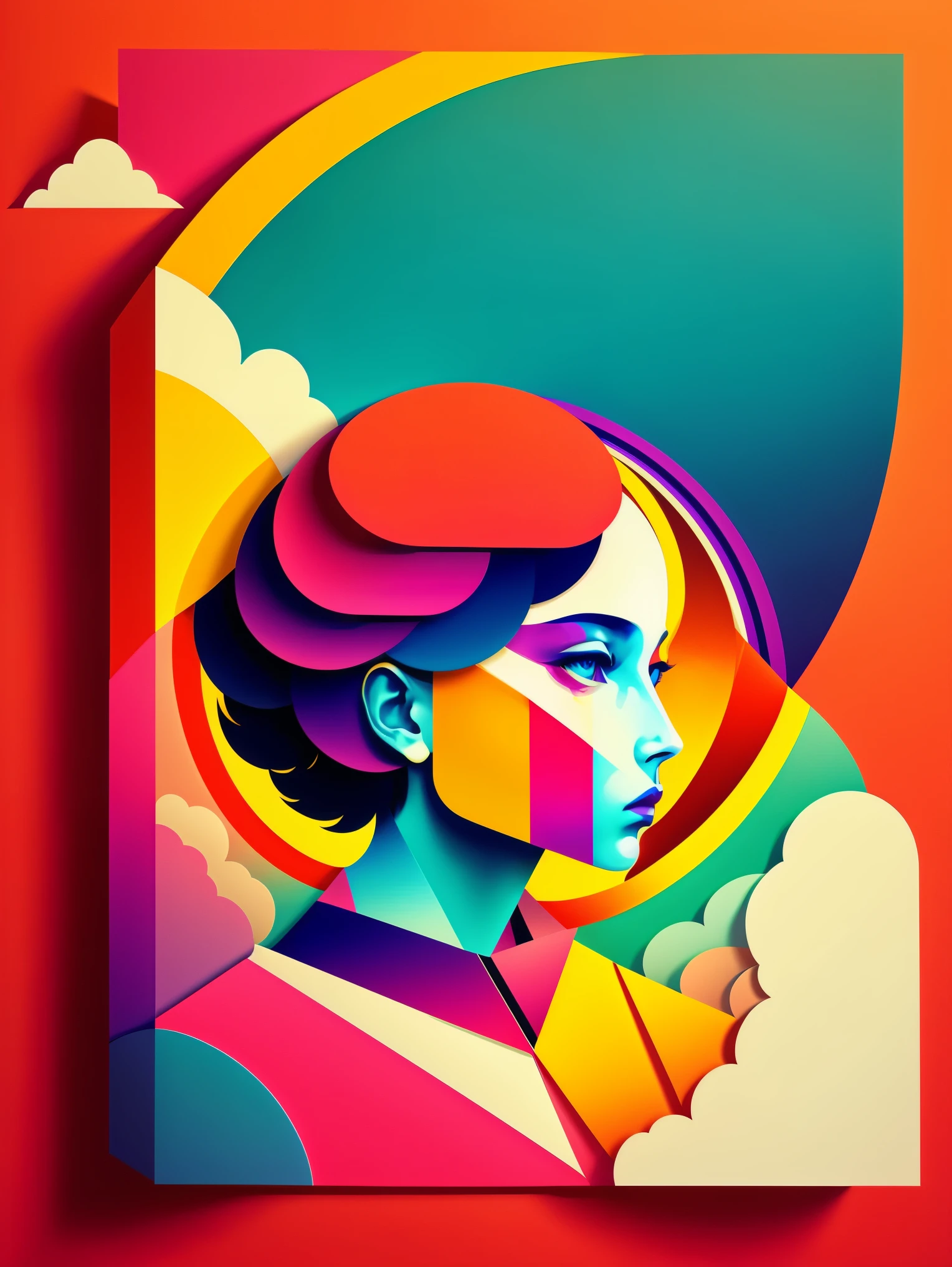 1 girl，Abstract surreal colors，Stylish Geometric Surrealism，rainbow，paper cutting，clouds