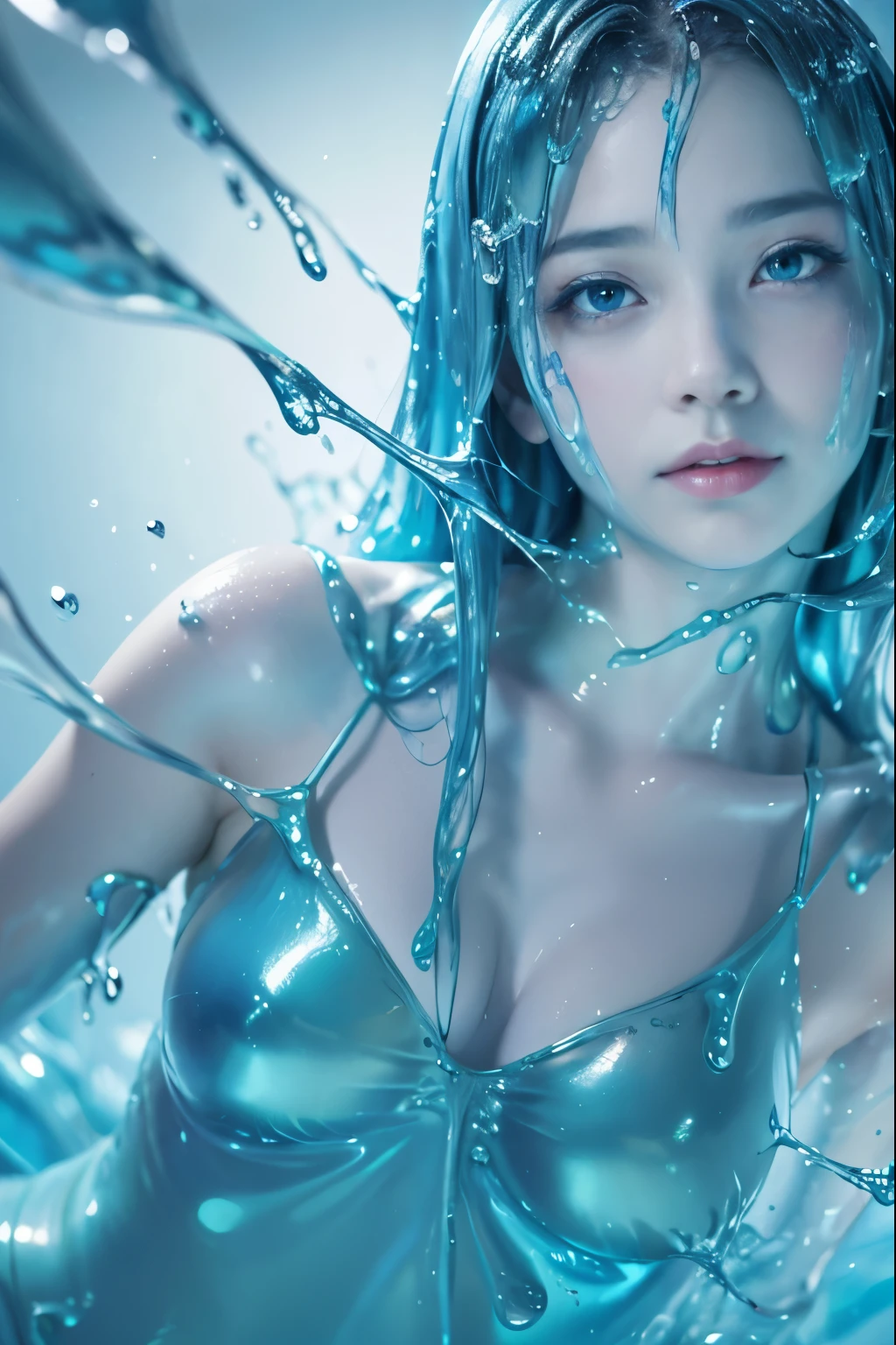 (masterpiece,best quality:1.4),(8k,raw photo,photo realistic:1.2),shiny skin,detailed skin,detailed face,detailed eyes, 1girl,looking at viewer,Japanese idol,extremely beautiful face, (smile), LiquidHair, liquid hair, blue mucus floating around, slime girl, covered in blue slime, (partially transparent), (Wet with water), (blue sweat), Slimy blue liquid dripping from her body. Her hair is also covered in blue slime. blue slime scatters, Blue hair, blue eyes