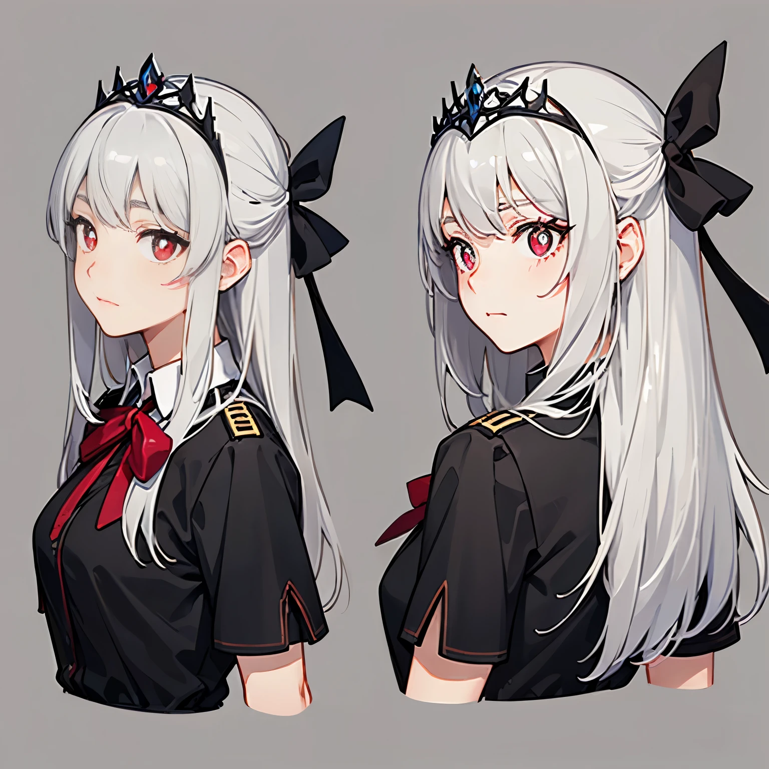 ((((gray background,)))),whole body, Uniforms, Front view, side view, Rear view, red eyes, Glowing pupils, Delicate tiara, long white hair, ribbon, jewelry, faint smile, Dress uniformly, (Reference table), ultra high definition, precise, Super details, Award-winning, high detail, best quality, 8k