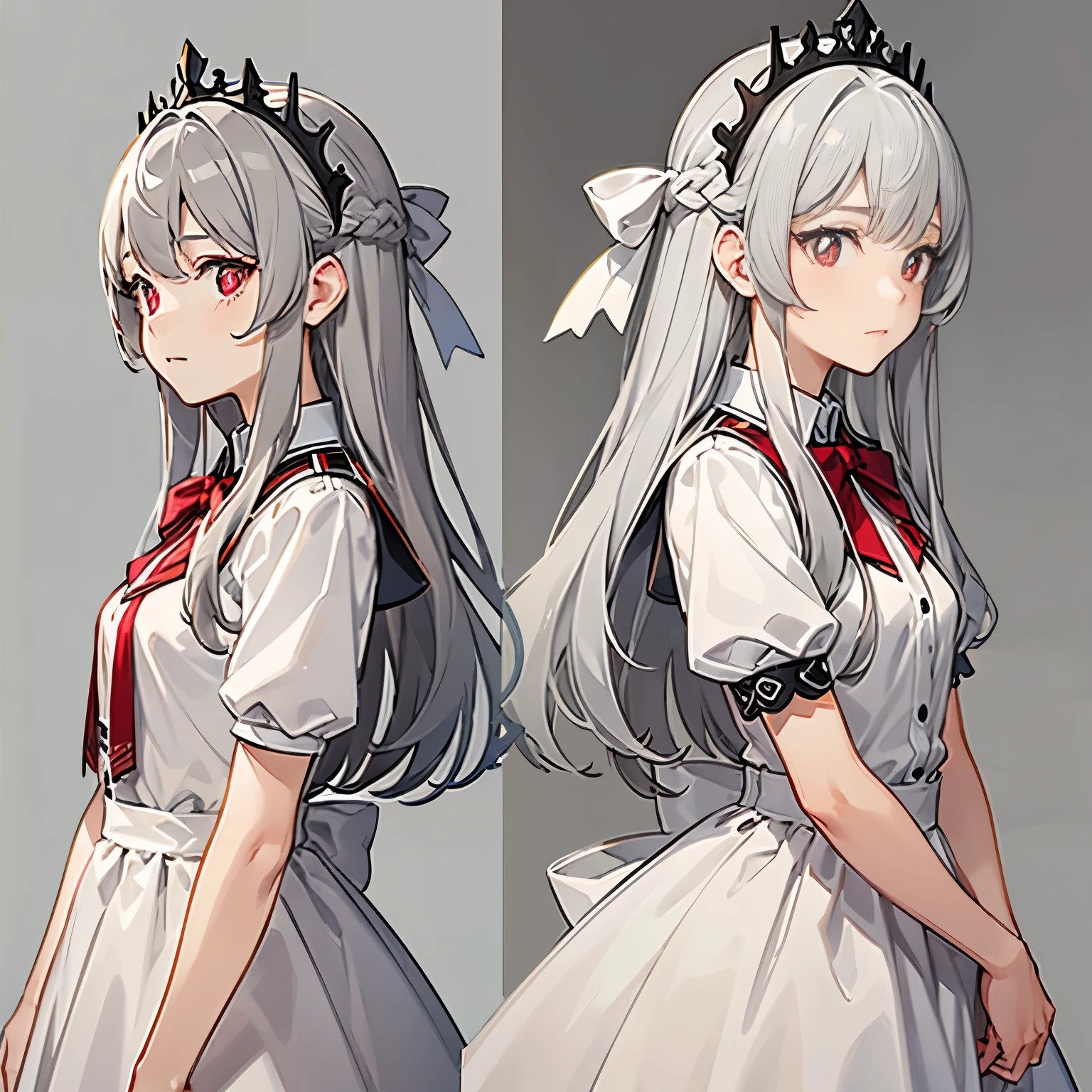 ((((gray background,)))),whole body, Uniforms, Front view, side view, Rear view, red eyes, Glowing pupils, Delicate tiara, long white hair, ribbon, jewelry, faint smile, Dress uniformly, (Reference table), ultra high definition, precise, Super details, Award-winning, high detail, best quality, 8k
