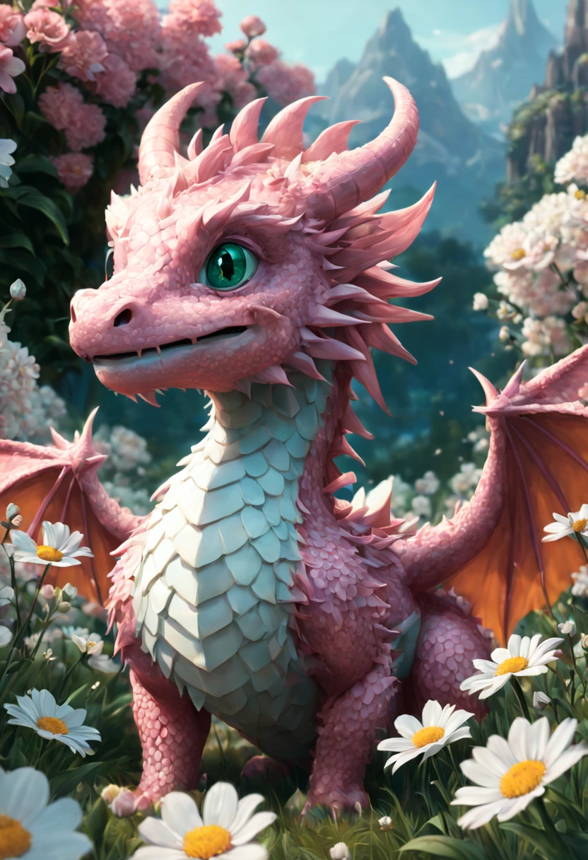 Cute fluffy pink dragon in a field of white flowers, 8k resolution concept art by Greg Rutkowski dynamic lighting hyperdetailed intricately detailed Splash art trending on Artstation triadic colors Unreal Engine 5 volumetric lighting Alphonse Mucha WLOP Jordan Grimmer orange and teal