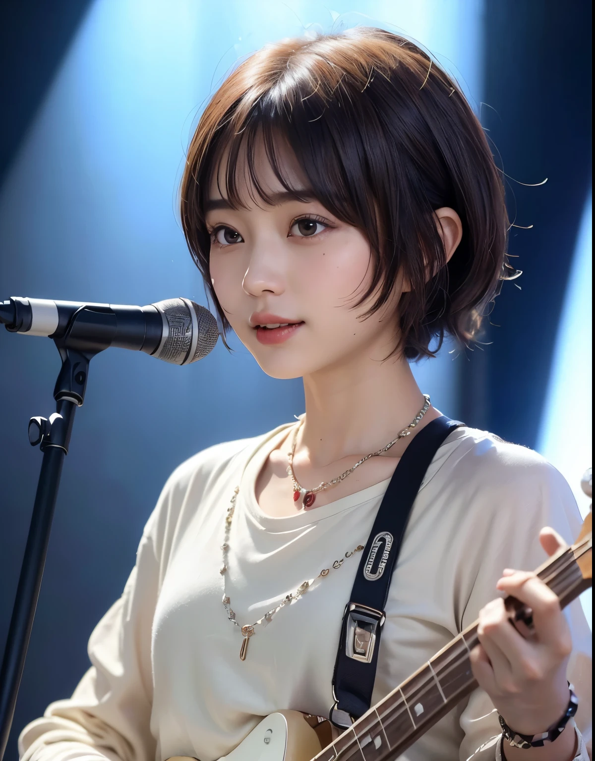 ((highest quality))、(masterpiece:1.4)、RAW photo、8K、((best image quality))、 ((High resolution))、Beautiful face in every detail、detailed face、gentle expression、(one woman:1.3 )、realistic、Photoreal、(very short hair:1.4)、(play bass guitar:1.3)、(on stage:1.3)、((perform at a live concert))、stand microphone、Wristband、bracelet、((young woman admires her))、(music live)、(concert)、she has many fans、rock band、(Beautiful woman)、(cute japanese girl)、(boyish:1.3)、(mannish)、((Beautiful woman))、(beautiful hair)、((dark brown hair))、(((red cheeks)))、(Big eyes:1.3)、20 year old beauty、(her face is small:1.5 )、small head、((long neck))、white skin、spotless skin、With bangs、everyone praises、日本のBeautiful woman、((8 heads tall))、(necklace)、(music festival:1.4)、singer、(concertTシャツ)、smile、oversized clothes、happy look、