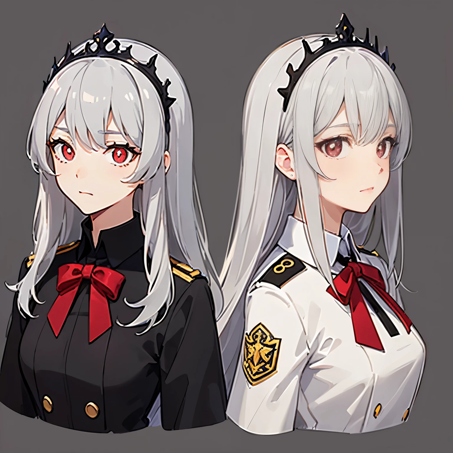 ((((gray background,)))),Polka_point, background, whole body, Uniforms, Front view, side view, Rear view, red eyes, Glowing pupils, Delicate tiara, long white hair, ribbon, jewelry, faint smile, Dress uniformly, (Reference table), ultra high definition, precise, Super details, Award-winning, high detail, best quality, 8k