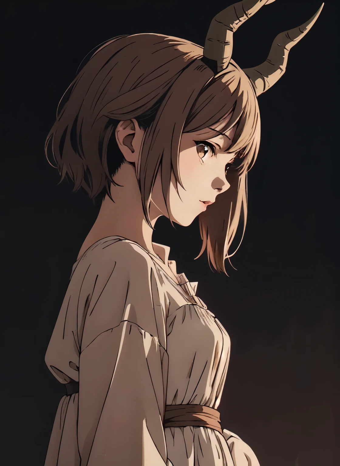 anime girl with short brown hair with two horns protruding from beneath her hair and a white dress standing in front of a dark background, artwork in the style of guweiz, profile of anime girl, portrait anime girl, beautiful anime portrait, looking to the viewer, 