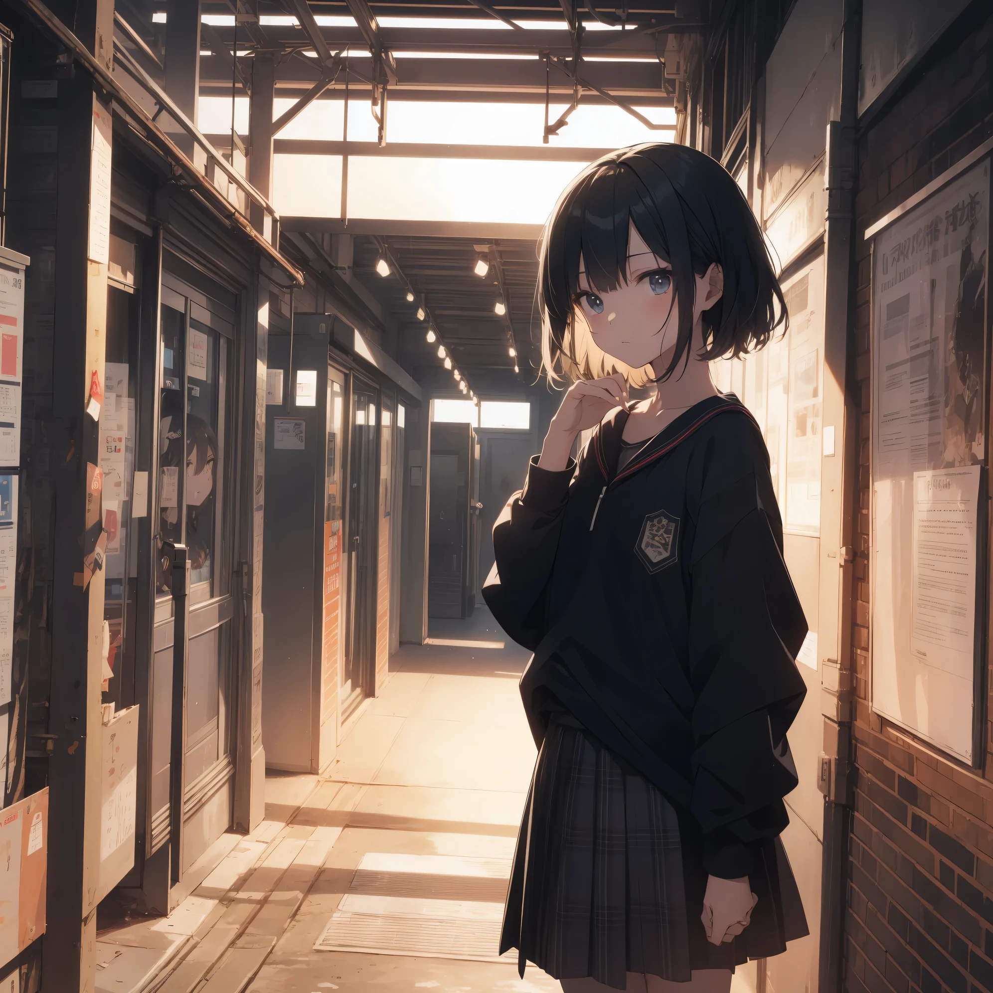Super high quality by the art god, super detailed, High resolution, AI generated, anime moe art style, best anime 8K konachan wallpaper, pixiv contest winner, perfect anatomy, break,(眠そうにalone学校へ行く女の子を描いてください. ),break, 1 girl, (alone,lolita, , 13 years old:1.3),All limbs, full finger,, androgynous charm, (very short hair), messy hair, bangs,flat chest, Because I'm slender, small ass, between legs, Small black eyes, beautiful and fine eyes, Well-proportioned iris and pupils, expressive eyes,disgusted eyes, High resolutionの詳細な髪, wearing school uniform, (skirt),(detailed lighting), (detailed background), On the way to school. break,super dense skin, Best lighting by famous artists, 8K, figure,UHD, rough skin